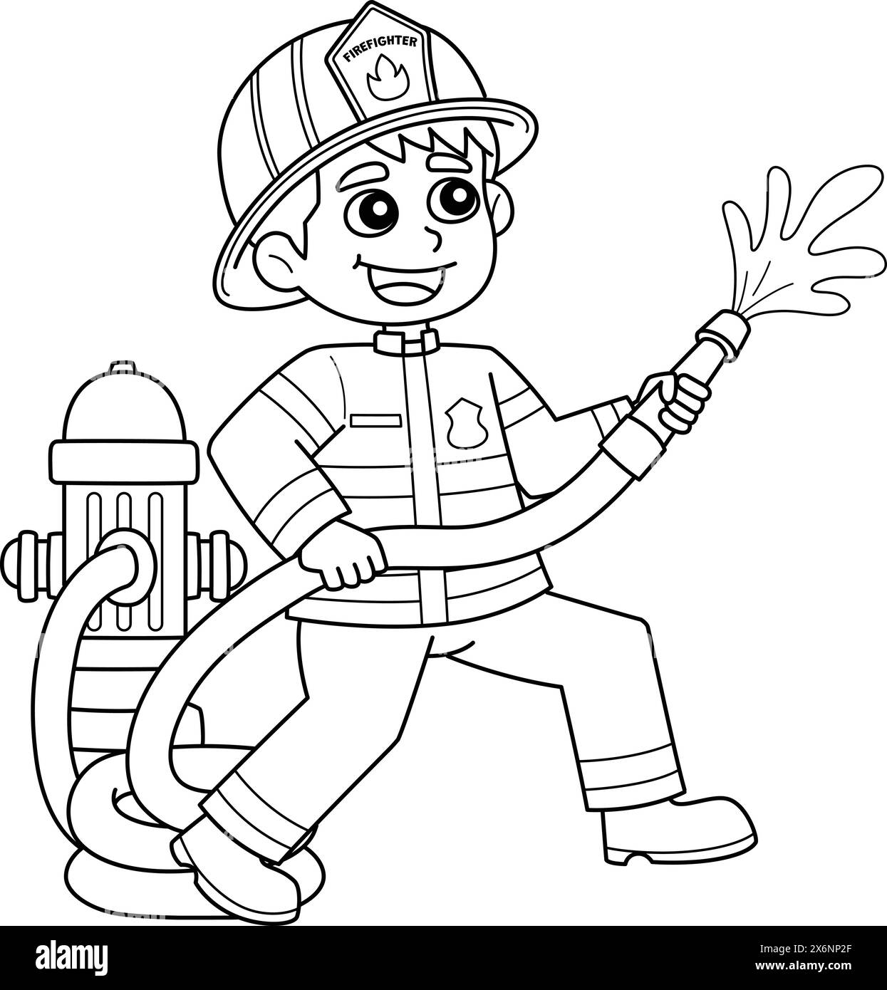 Vigile del fuoco con un Fire Hydrant isolato colorazione Illustrazione Vettoriale