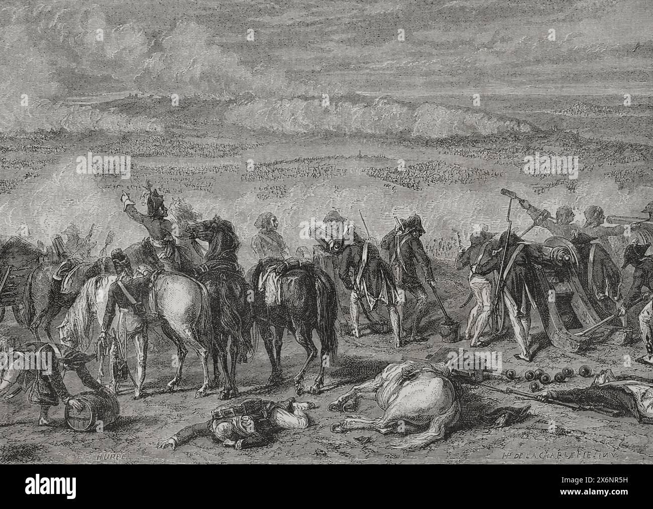 Guerre rivoluzionarie francesi. Battaglia di Jemappes (6 novembre 1792). Affrontò gli eserciti austriaci e francesi nelle vicinanze del villaggio di Jemappes, vicino a Mons, una città nella provincia di Hainaut (attuale territorio belga). Le truppe rivoluzionarie francesi, comandate da Dumouriez, sconfissero gli austriaci. Disegno di Hippolyte de la Charlerie. Incisione di Hurel. "Storia della Rivoluzione francese". Volume i, 1876. Foto Stock