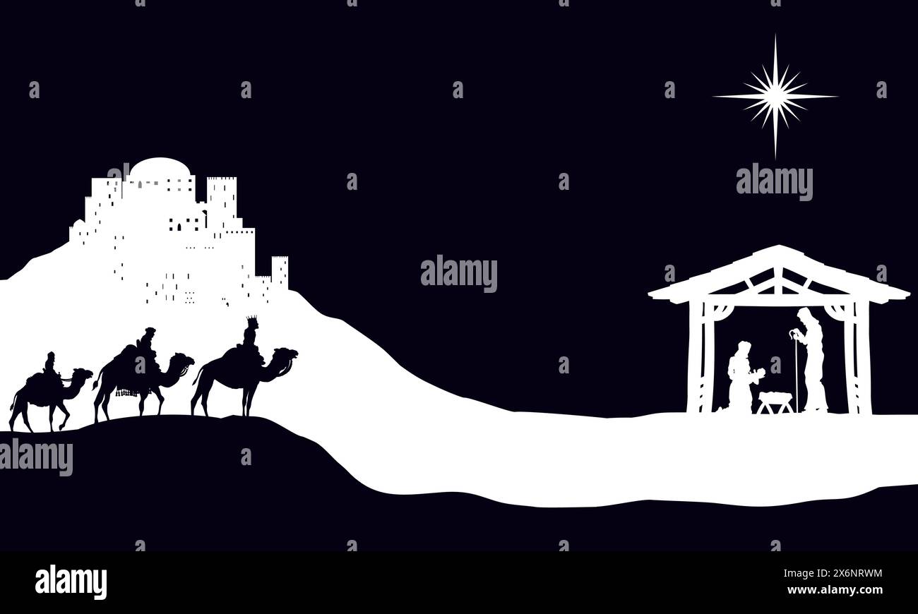 Presepe natalizio Bethlehem Manger Wise Men Illustrazione Vettoriale