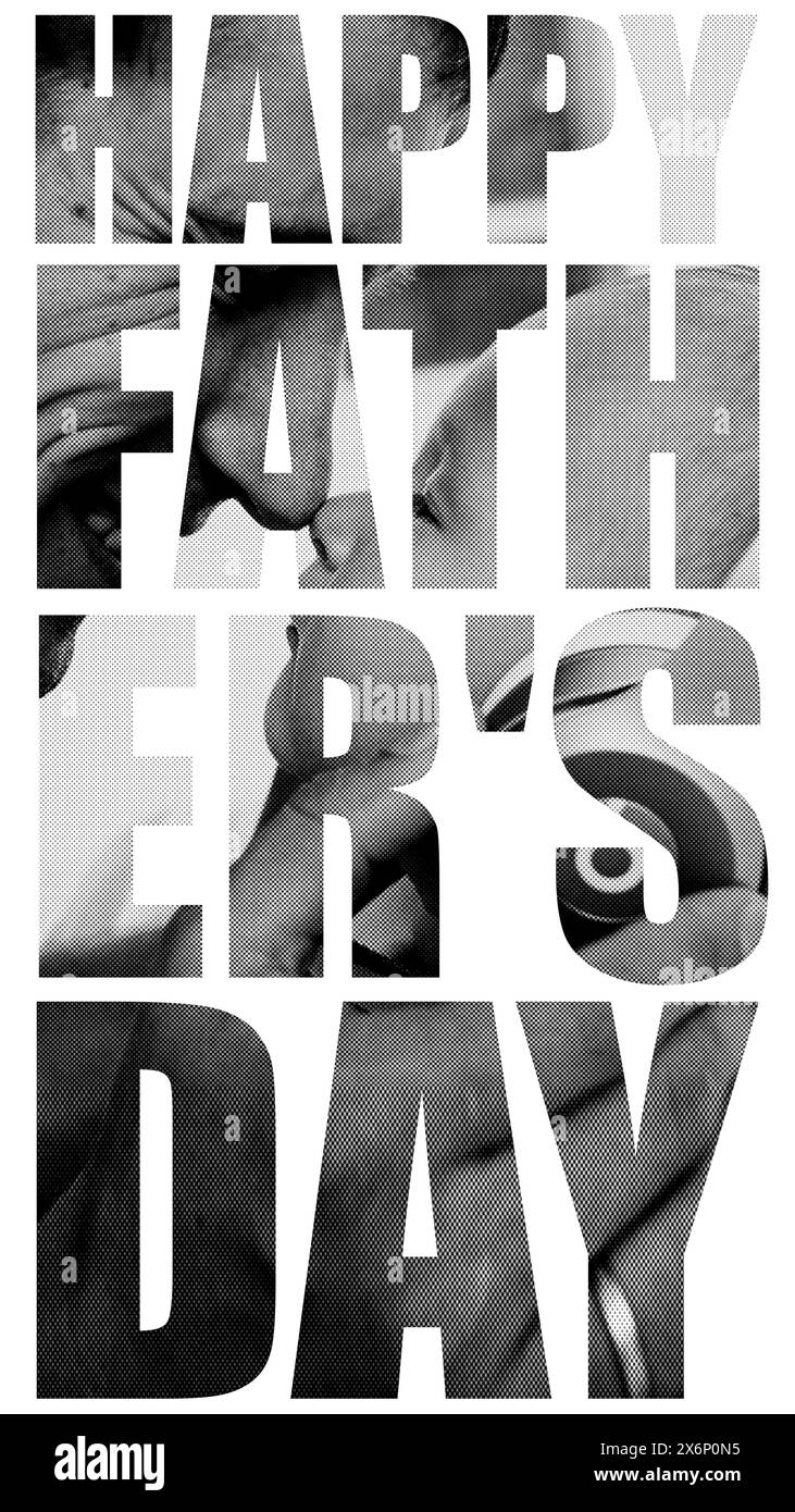 Design creativo con parole Happy Fathers Day sono pieni di toccanti foto in bianco e nero di padre e suo figlio. Progettazione concettuale. Buon padre Foto Stock