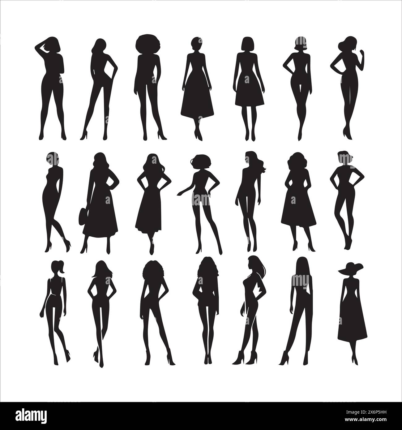 Diverse illustrazioni di silhouette delle donne: Espressioni artistiche in vari personaggi, pose ed emozioni per progetti creativi Illustrazione Vettoriale