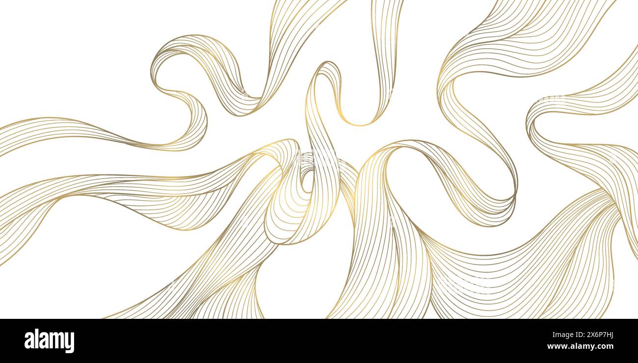 Illustrazione a onda d'oro vettoriale su sfondo bianco, linea di arte moderna di lusso. Striscione ondulato, carta da parati premium, poster elegante, texture curvilinee Illustrazione Vettoriale