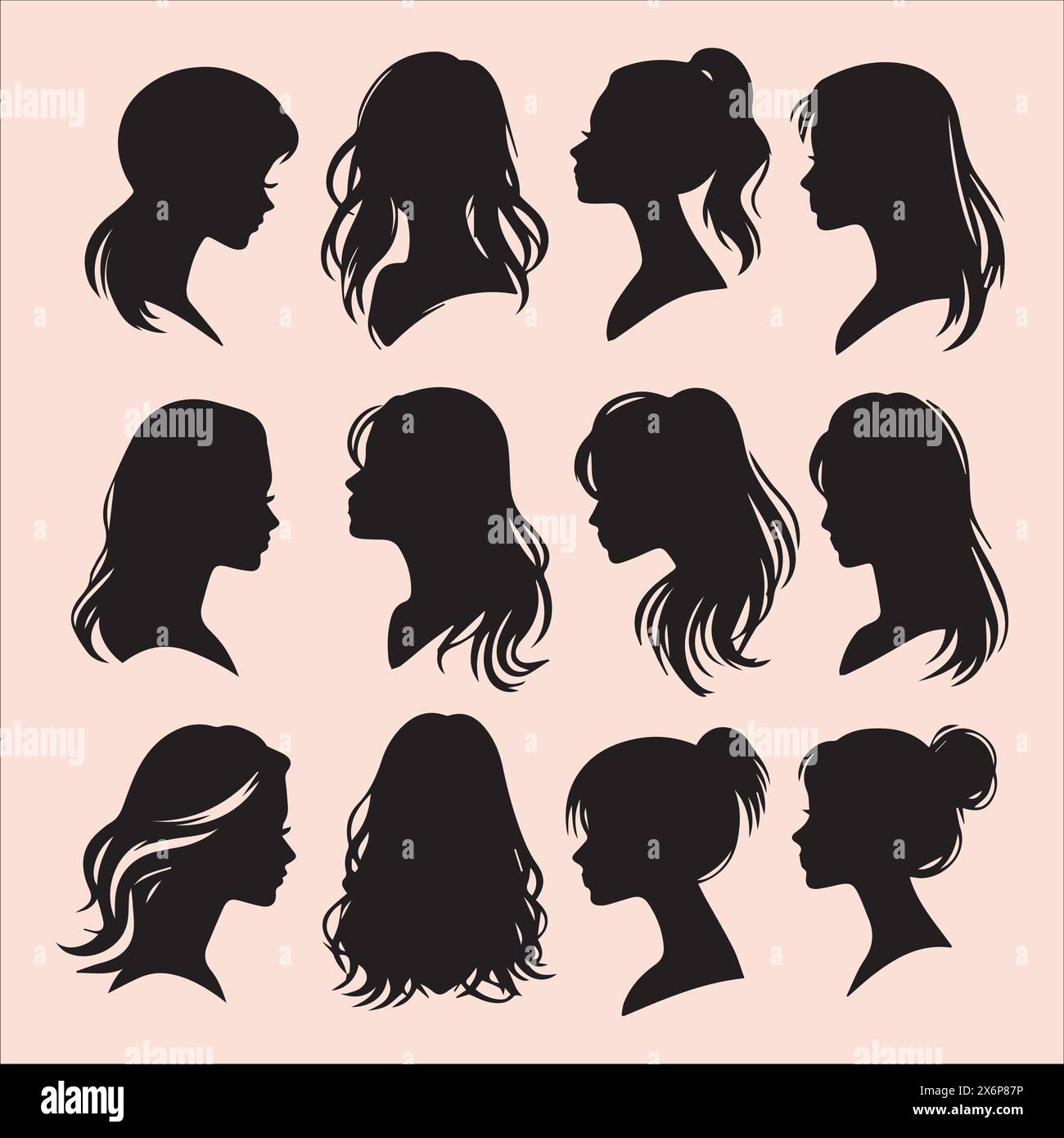 Eleganti illustrazioni di silhouette dei capelli da donna: Disegni artistici che catturano stili aggraziati per progetti creativi Illustrazione Vettoriale