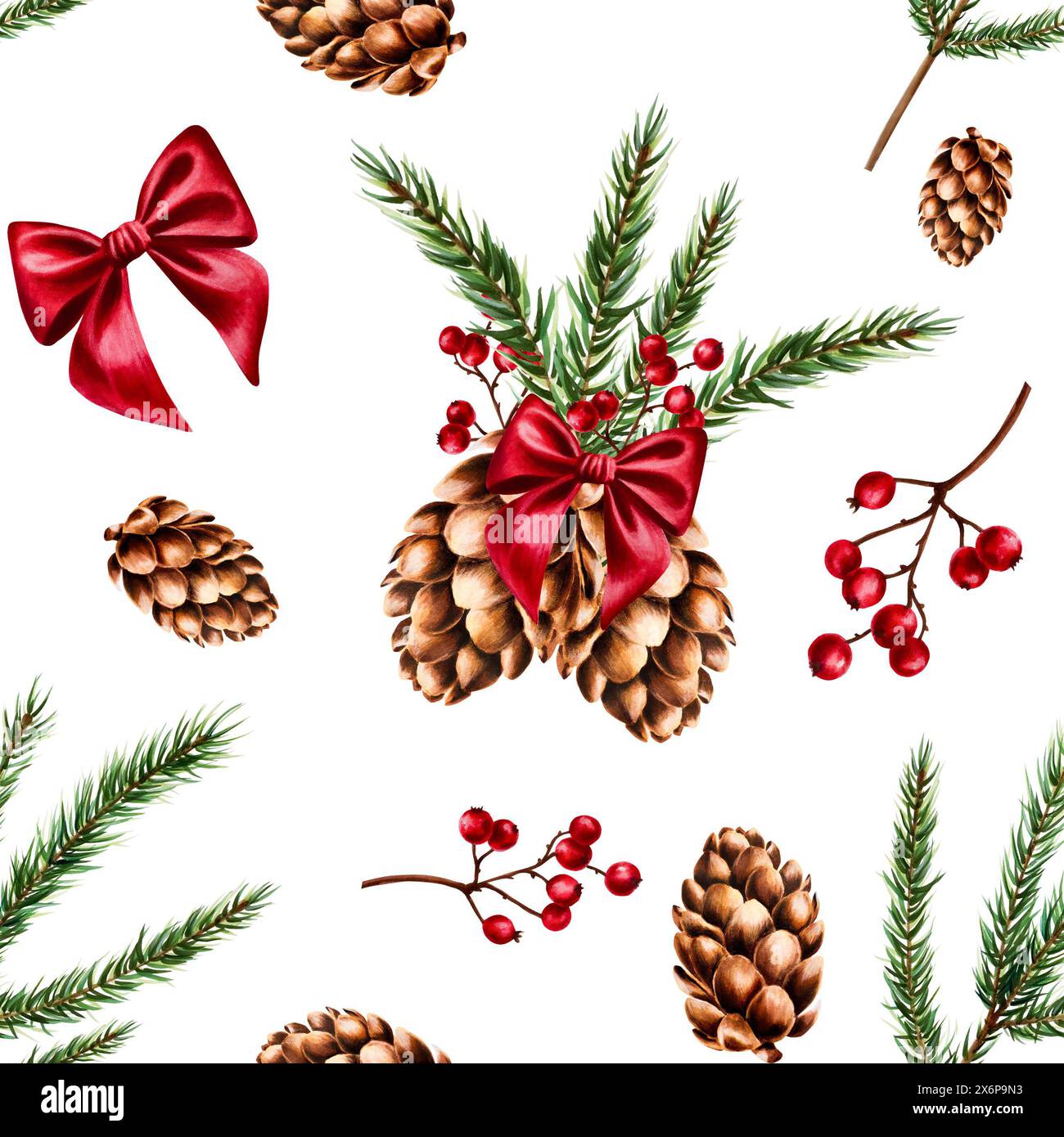 Motivo senza cuciture con coni, fiocco in raso rosso, rami di pino e frutti di bosco rossi su un ramo. Acquerello di Capodanno disegnato a mano illustrazione botanica di pino Foto Stock