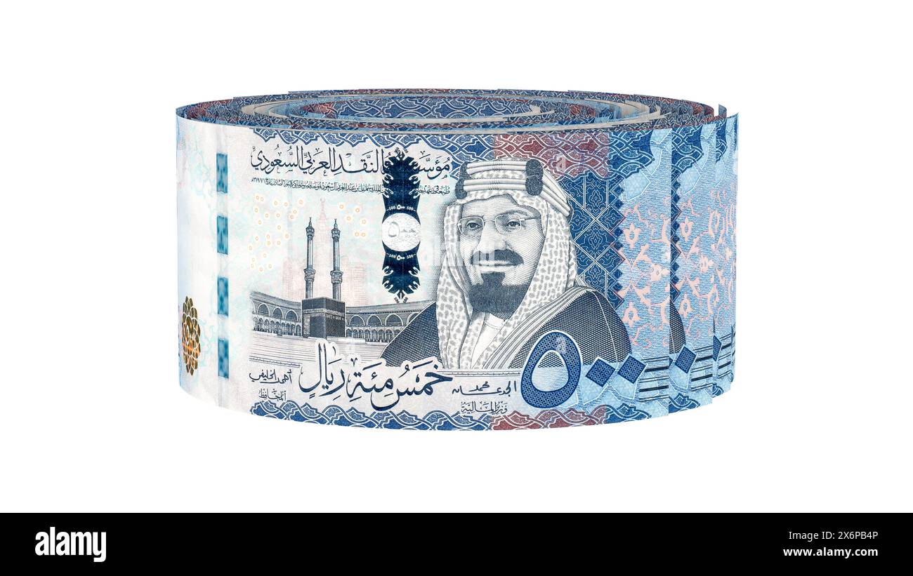 Arabia Saudita 500 banconote Riyals. Pila di banconote riyal saudite di 500 SR. Rendering 3D Foto Stock