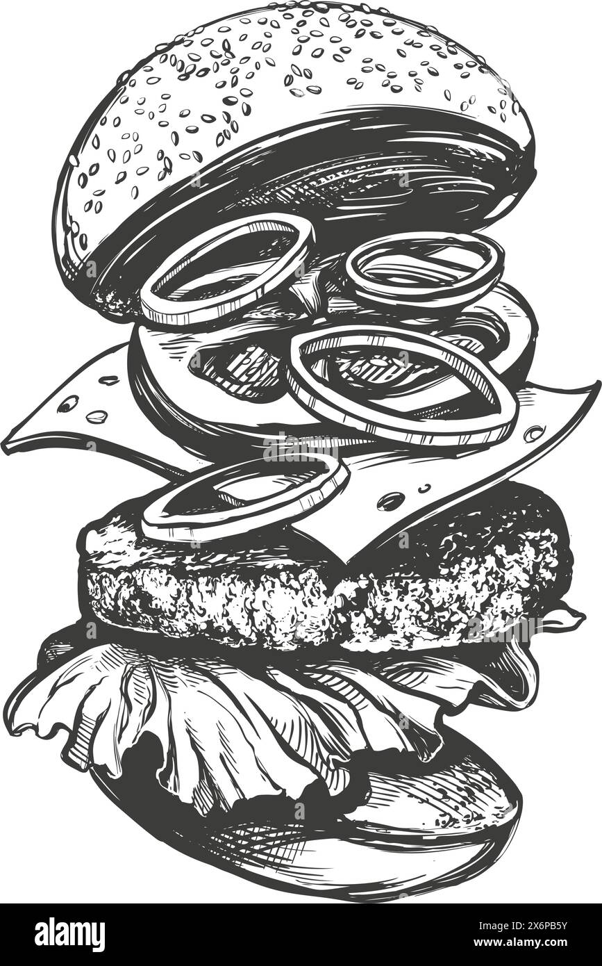 big burger, hamburger disegno a mano vettore illustrazione schizzo stile retrò. Illustrazione Vettoriale