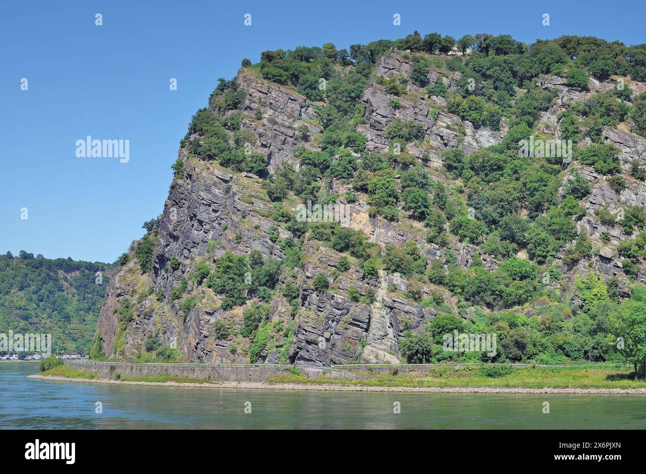 Vista della famosa roccia di Loreley sul fiume Reno, la Valle del Reno, la Renania-Palatinato, Germania Foto Stock