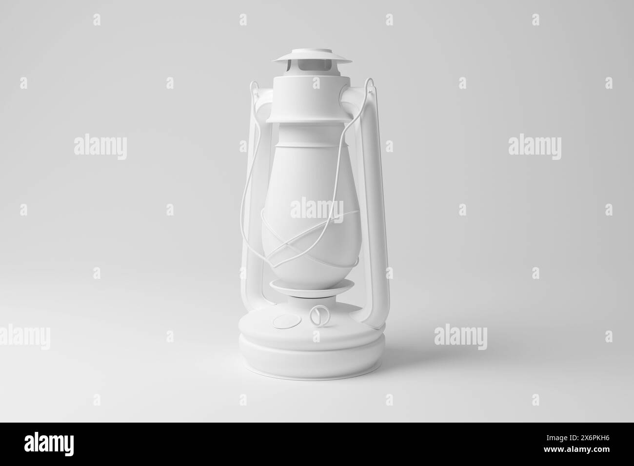 Lanterna bianca su sfondo bianco monocromatico e minimalista. Illustrazione del concetto di campeggio, direzione e illuminazione Foto Stock