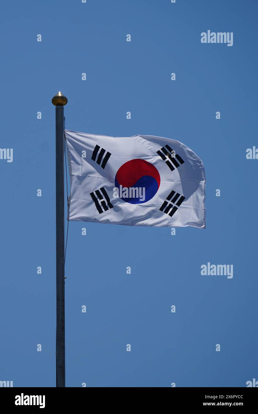 Bandiera della Corea del Sud che sventola nel vento contro un cielo blu. Foto Stock