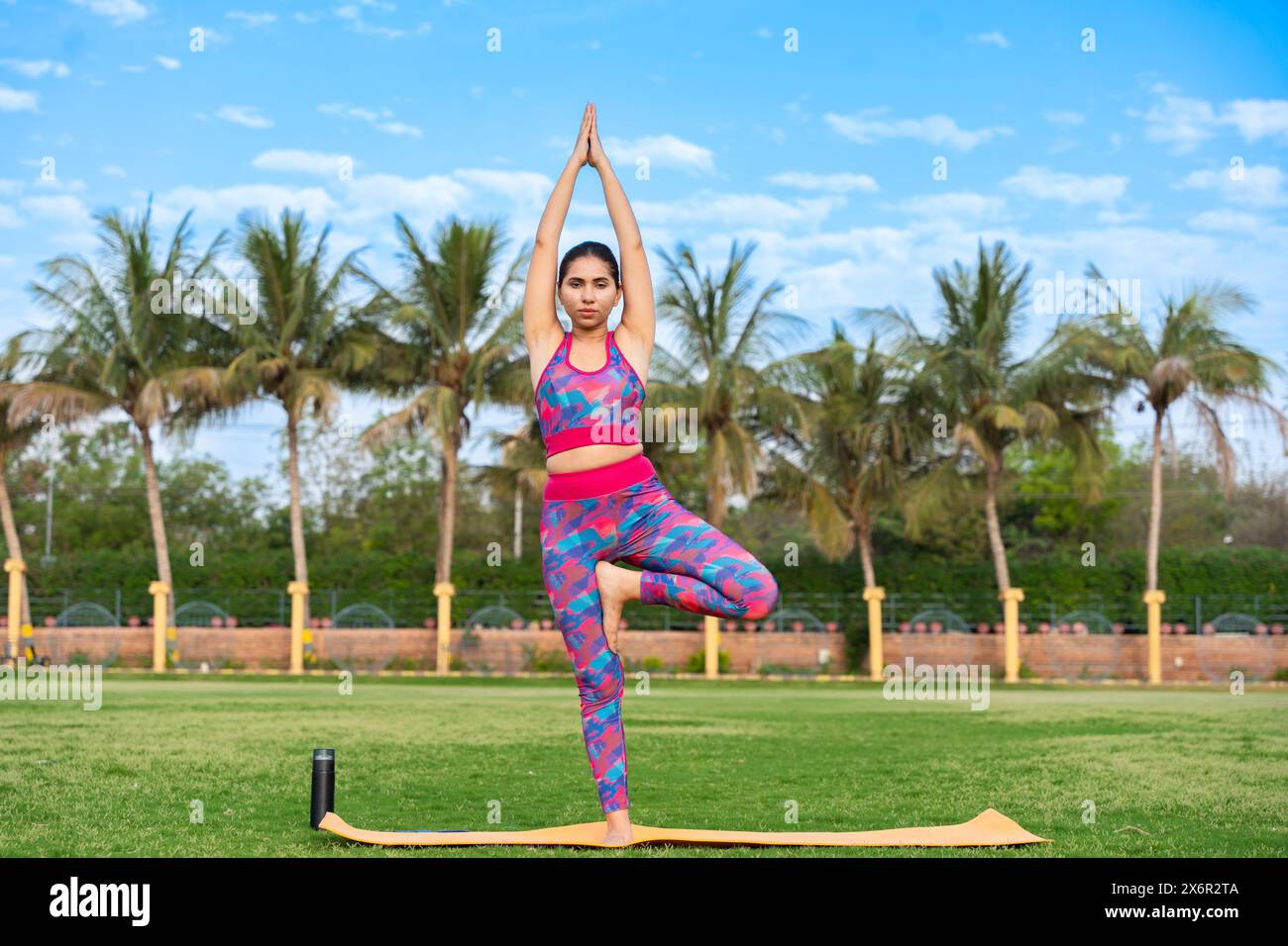 Giovane donna indiana sportiva che fa albero, Vrksasana yoga posa per migliorare l'equilibrio nel suo giardino. esercizio fisico, benessere, meditazione, benessere, salute mentale, Foto Stock