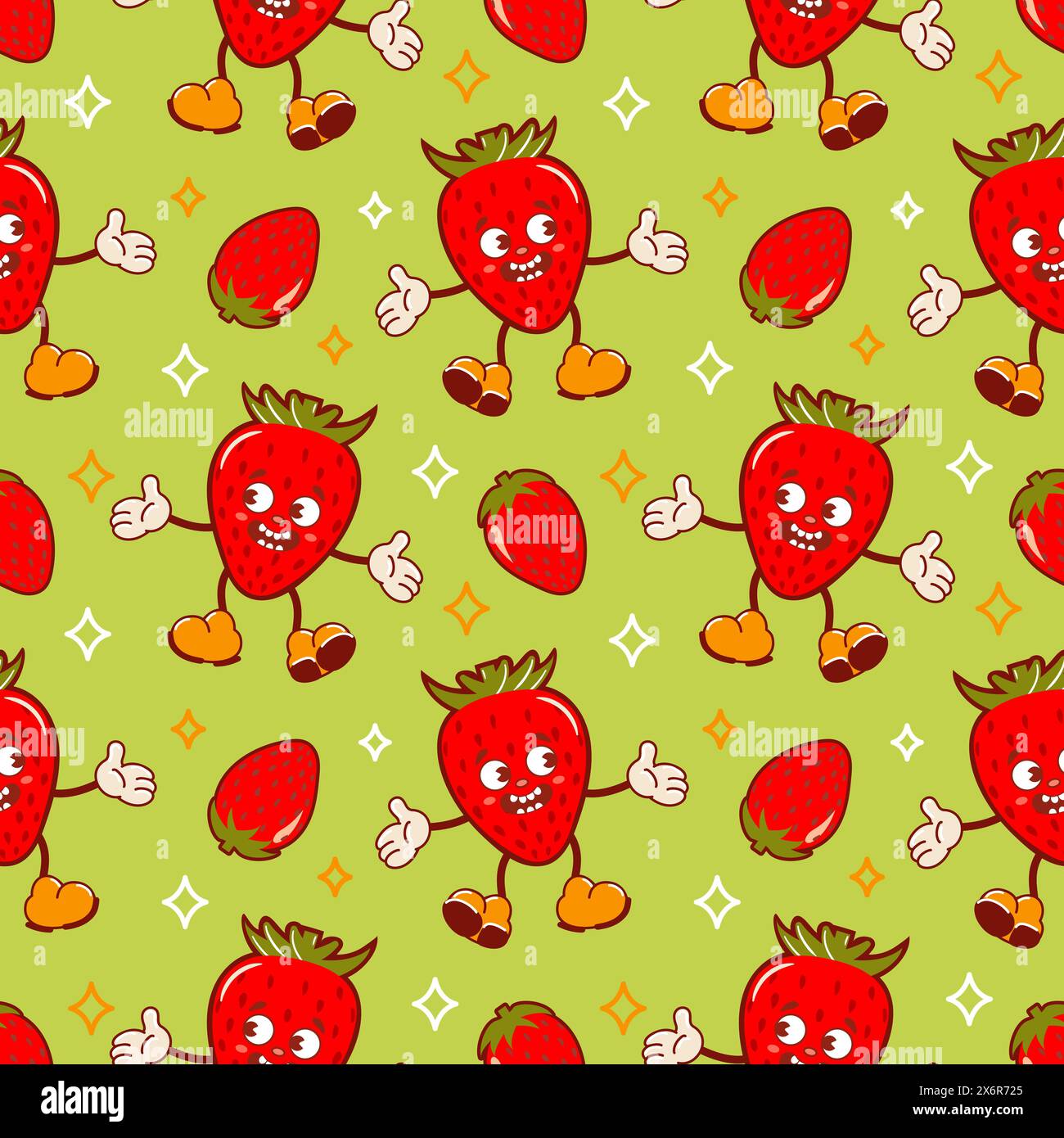Ciao estate. Fragola fresca, un carino personaggio dei cartoni animati retrò. Groovy, vintage. Vecchio stile alla moda. Motivo senza cuciture per carta da parati, tessuto, rivestimento, ba Illustrazione Vettoriale