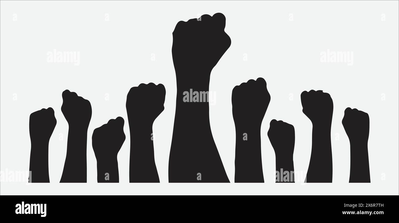 Difendere l'uguaglianza, silhouette unite di uomini e donne con le mani alzate Illustrazione Vettoriale