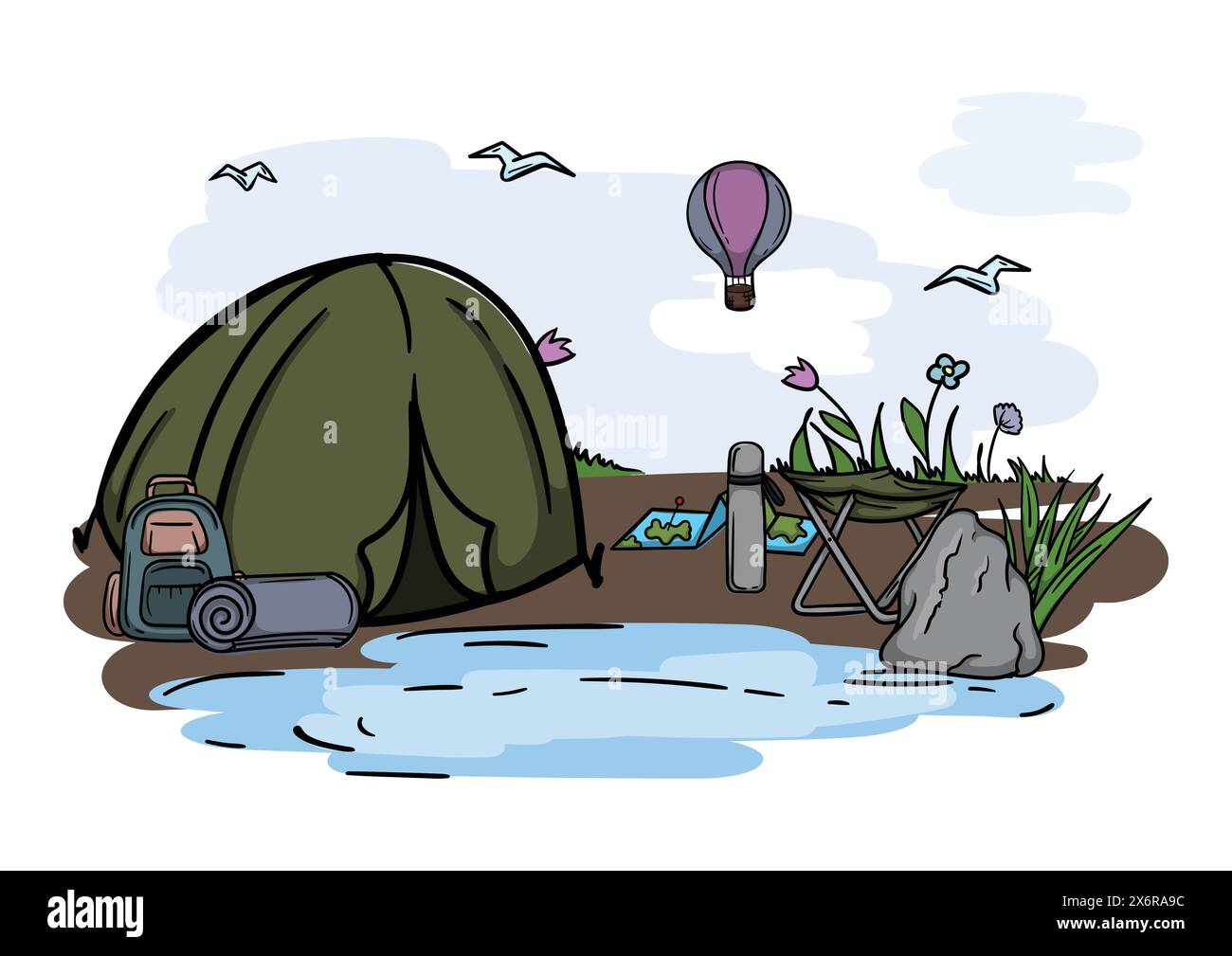 Escursioni e campeggio. Illustrazione vettoriale modificabile del paesaggio turistico con tenda, fiume e mongolfiera Illustrazione Vettoriale