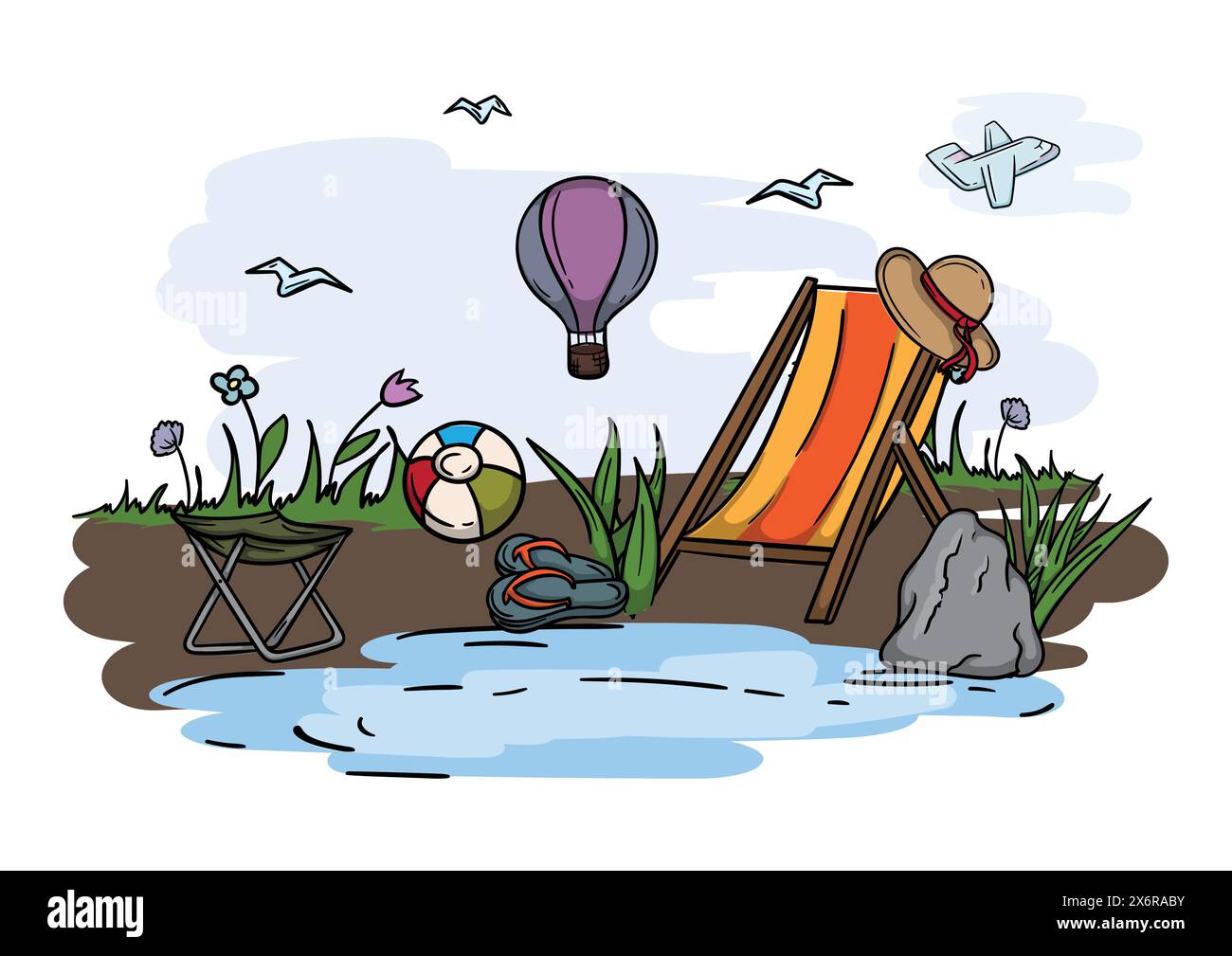Escursioni e campeggio. Illustrazione modificabile di un paesaggio turistico con un lago, una sdraio, una mongolfiera e un pallone Illustrazione Vettoriale