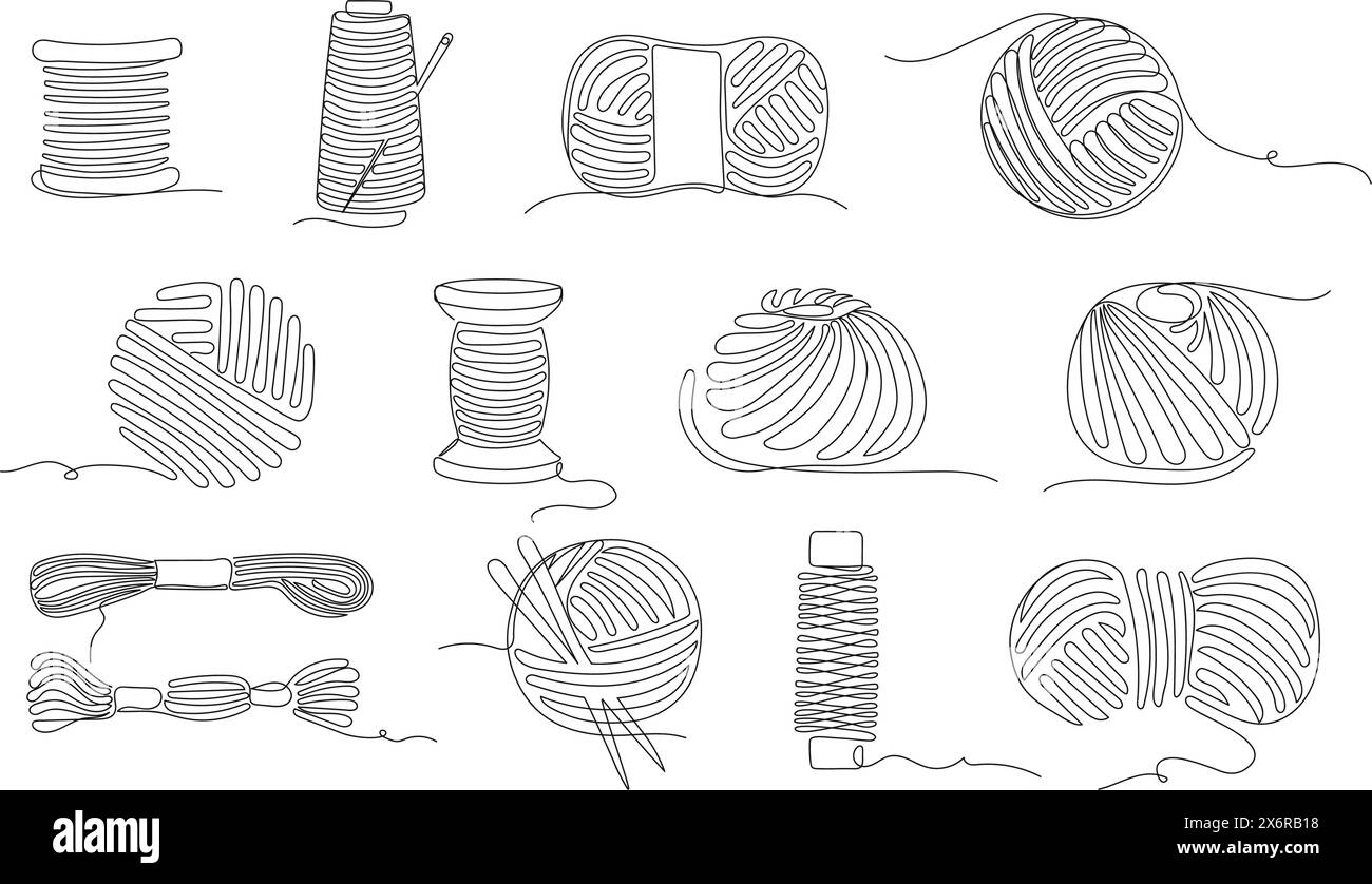 Filetti da cucire a una linea continua. Bobine di filo, spille e palline di filati per maglieria, sartoria tessile e design di hobby artigianali Illustrazione Vettoriale