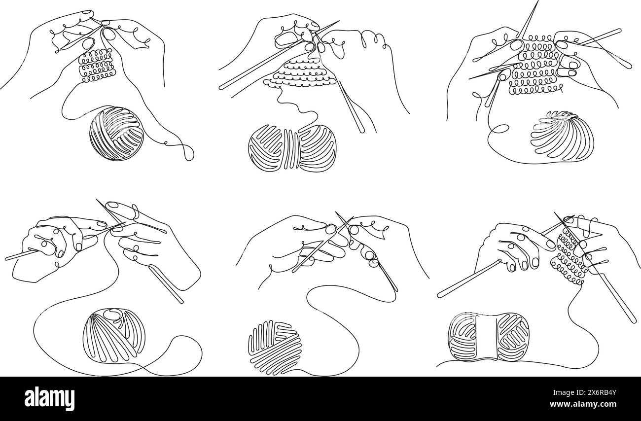 Mani continue di maglia su una linea. Fili per maglieria, aghi e filati per tessuti fatti a mano, hobby fai da te e disegni di classi artigianali. Illustrazione vettoriale Illustrazione Vettoriale