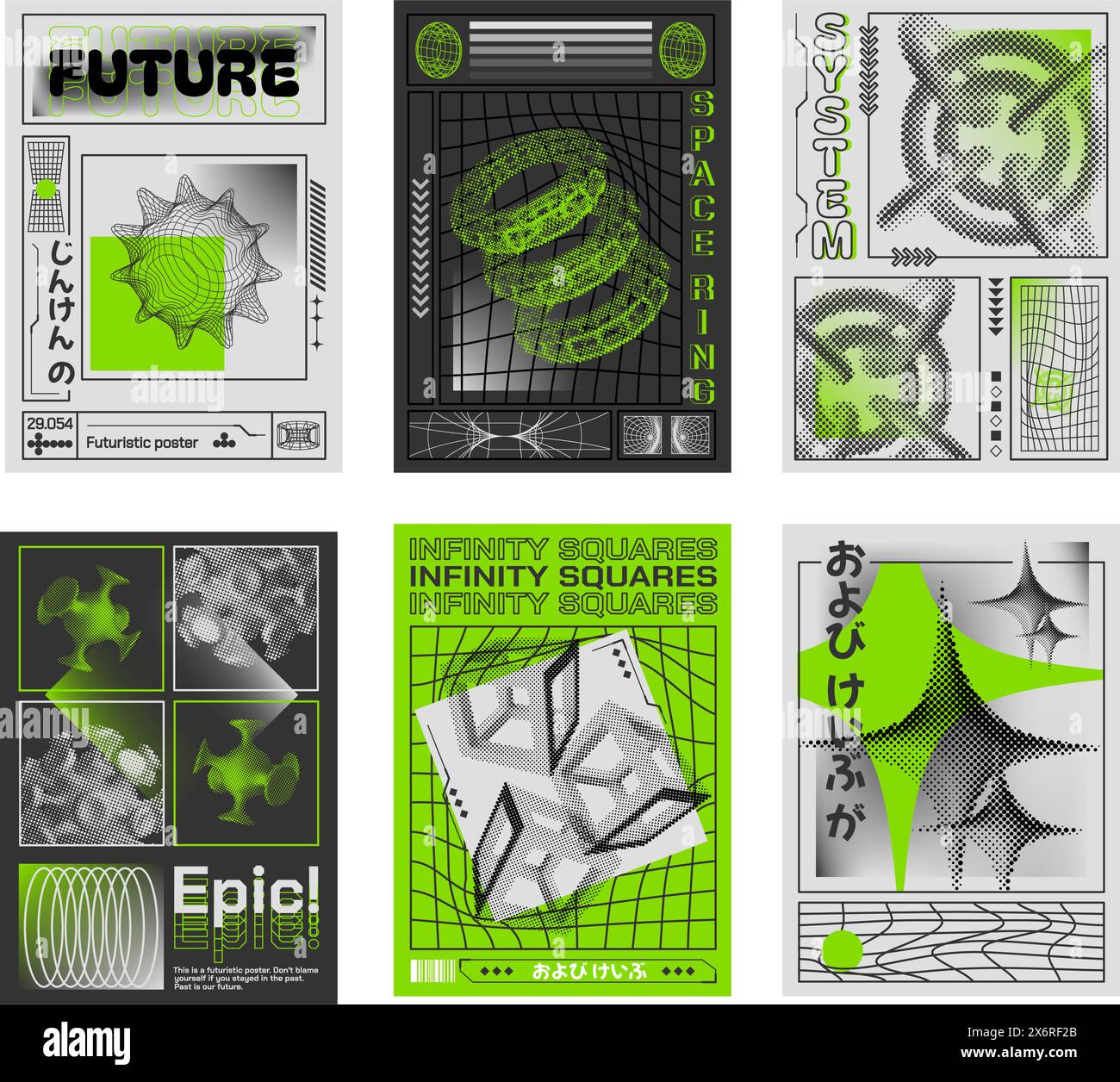 Modelli di poster 3d astratti. Design retrò futuristici con forme 3D mezzitoni, estetica cyberpunk e audace set di vettori tipografici Illustrazione Vettoriale