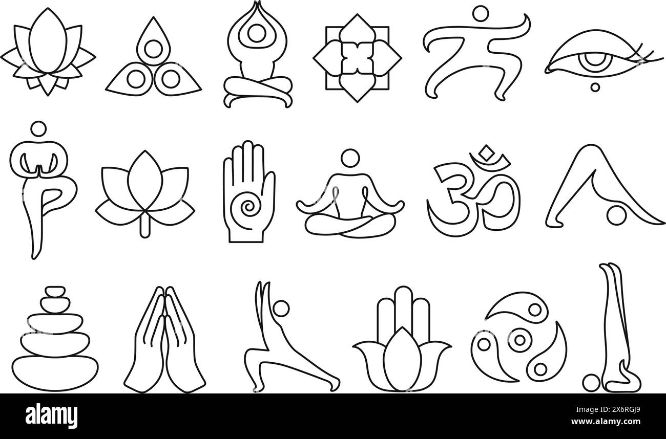 Icone di line yoga. La meditazione pone arte a linee, pietre zen, fiori di loto e energia chakra simboli spirituali set di illustrazioni vettoriali Illustrazione Vettoriale