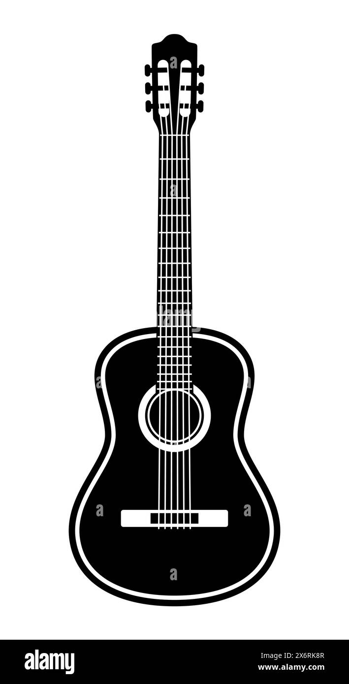 Forma della silhouette della chitarra acustica, illustrazione vettoriale in bianco e nero di uno strumento musicale a corde classico Illustrazione Vettoriale