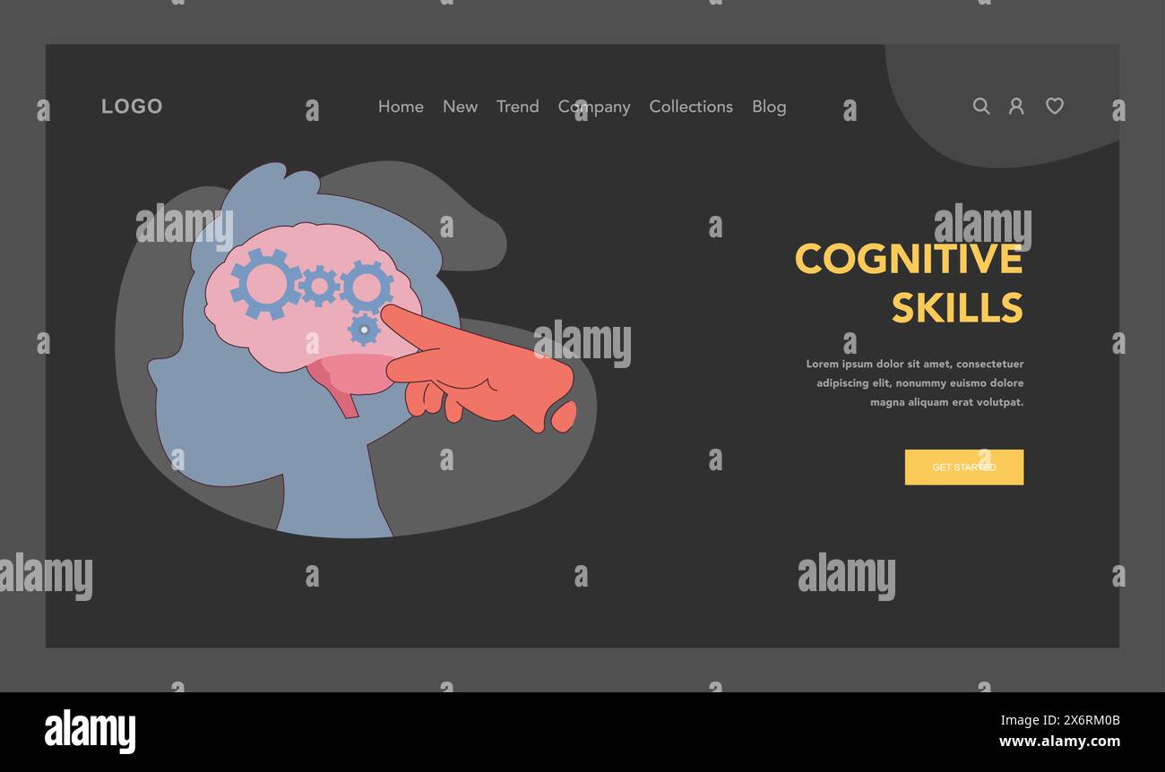Concetto di abilità cognitive. Sagoma di una testa con ingranaggi nell'area del cervello attivati da un dito puntato, che rappresenta i processi mentali e le funzioni cerebrali. Illustrazione vettoriale piatta Illustrazione Vettoriale
