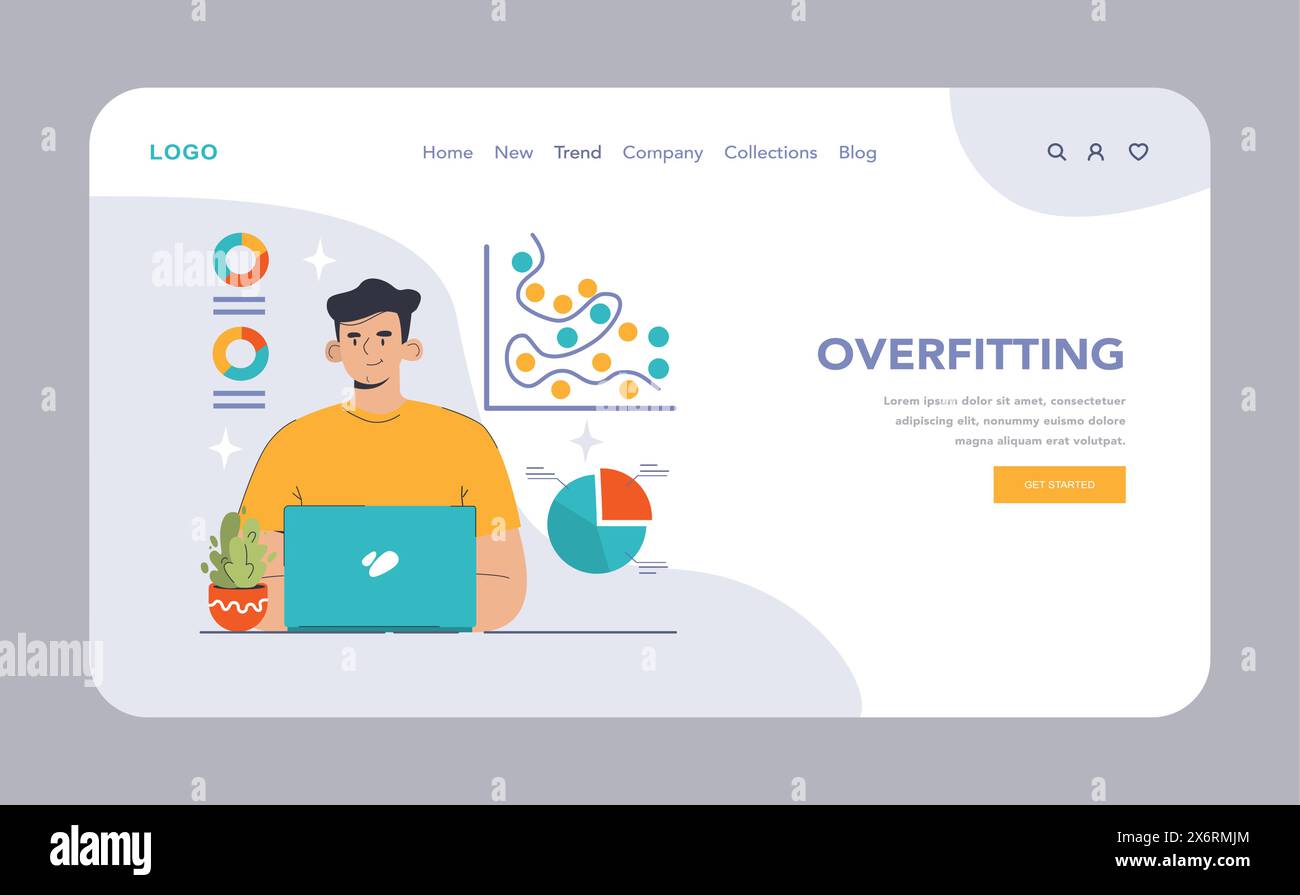 Overfitting nel concetto di analisi dei dati. Un giovane analista osserva schemi grafici complessi, evidenziando potenziali insidie nella formazione sui modelli. Evitare pregiudizi. Illustrazione vettoriale piatta. Illustrazione Vettoriale