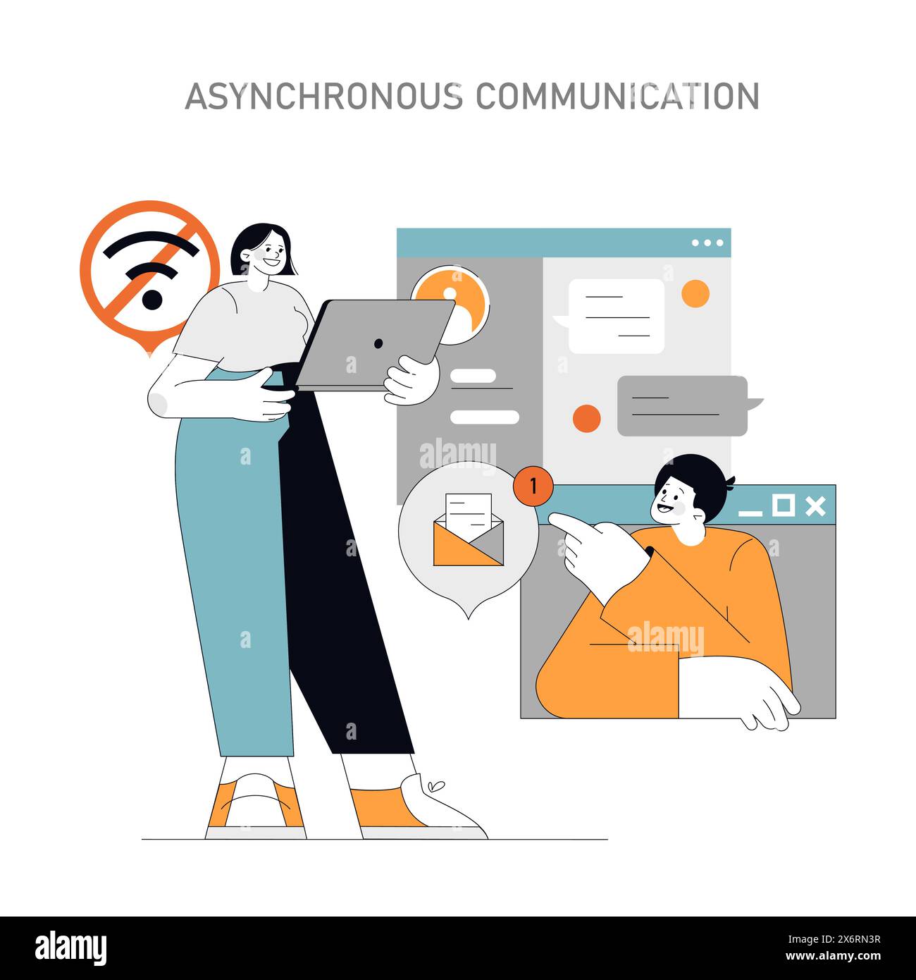 Concetto di comunicazione asincrona che semplifica il flusso di lavoro con scambi efficaci non simultanei elevando l'efficienza in un mondo connesso illustrazione vettoriale Illustrazione Vettoriale