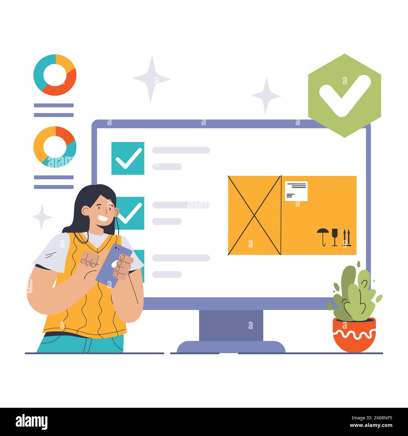 Concetto di gestione del magazzino. Un manager mirato organizza l'inventario con un sistema digitale per operazioni di magazzino efficienti. Controllo delle scorte basato sui dati. Illustrazione vettoriale piatta Illustrazione Vettoriale