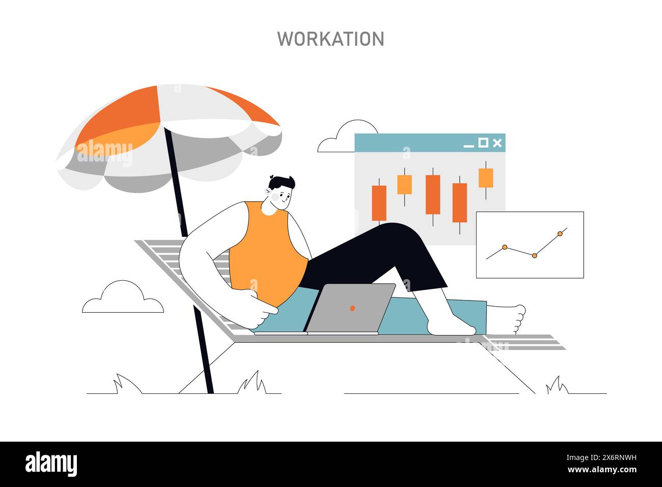 Il concetto di Workation unisce produttività e tempo libero in ambienti sereni, enfatizzando l'output rispetto alla posizione illustrazione vettoriale Illustrazione Vettoriale