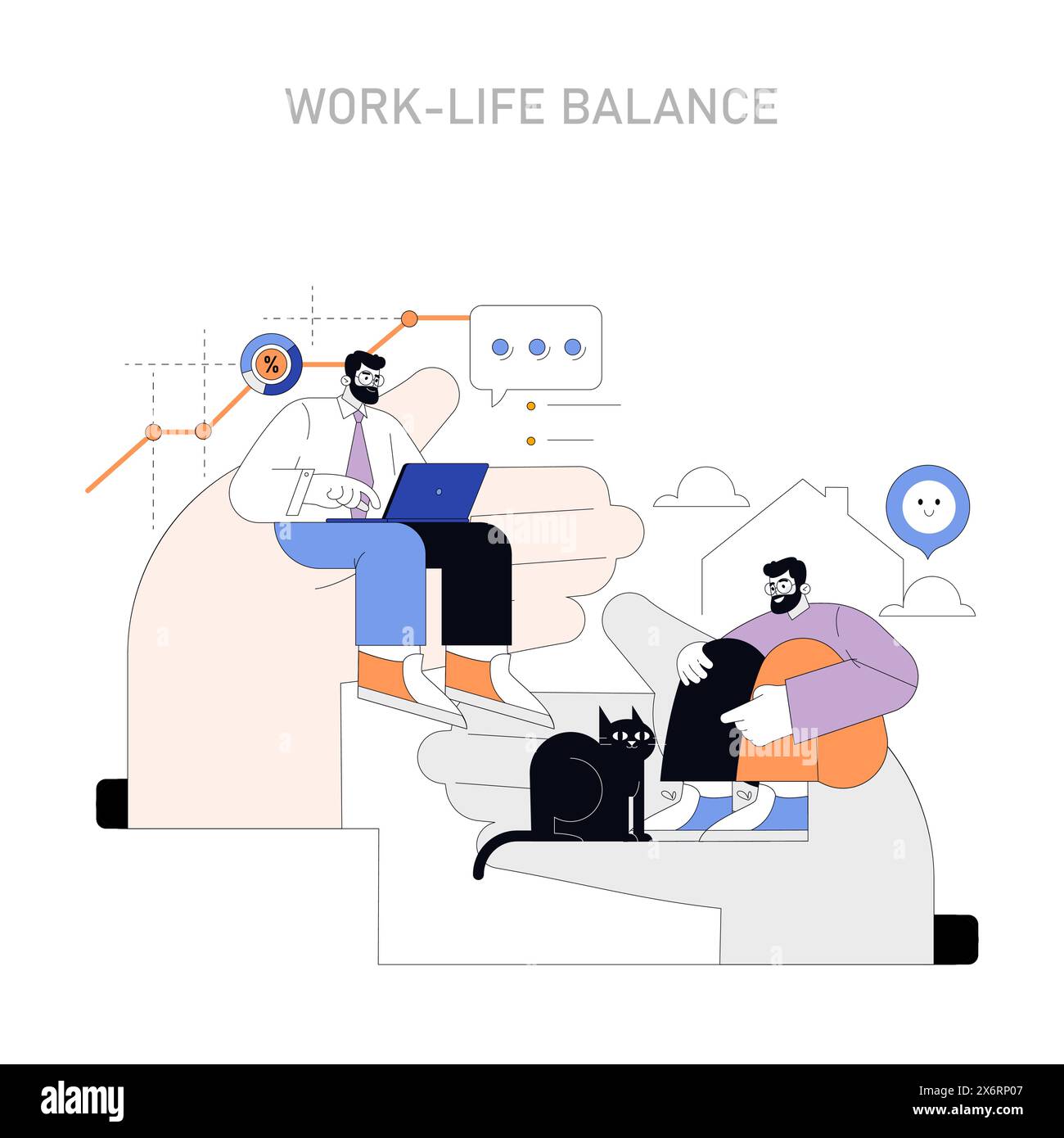 Concetto di equilibrio tra vita lavorativa e vita privata. Una rappresentazione serena della gestione delle attività professionali insieme al relax personale in un ambiente di lavoro remoto. Lavoro e benessere in armonia. Illustrazione vettoriale. Illustrazione Vettoriale