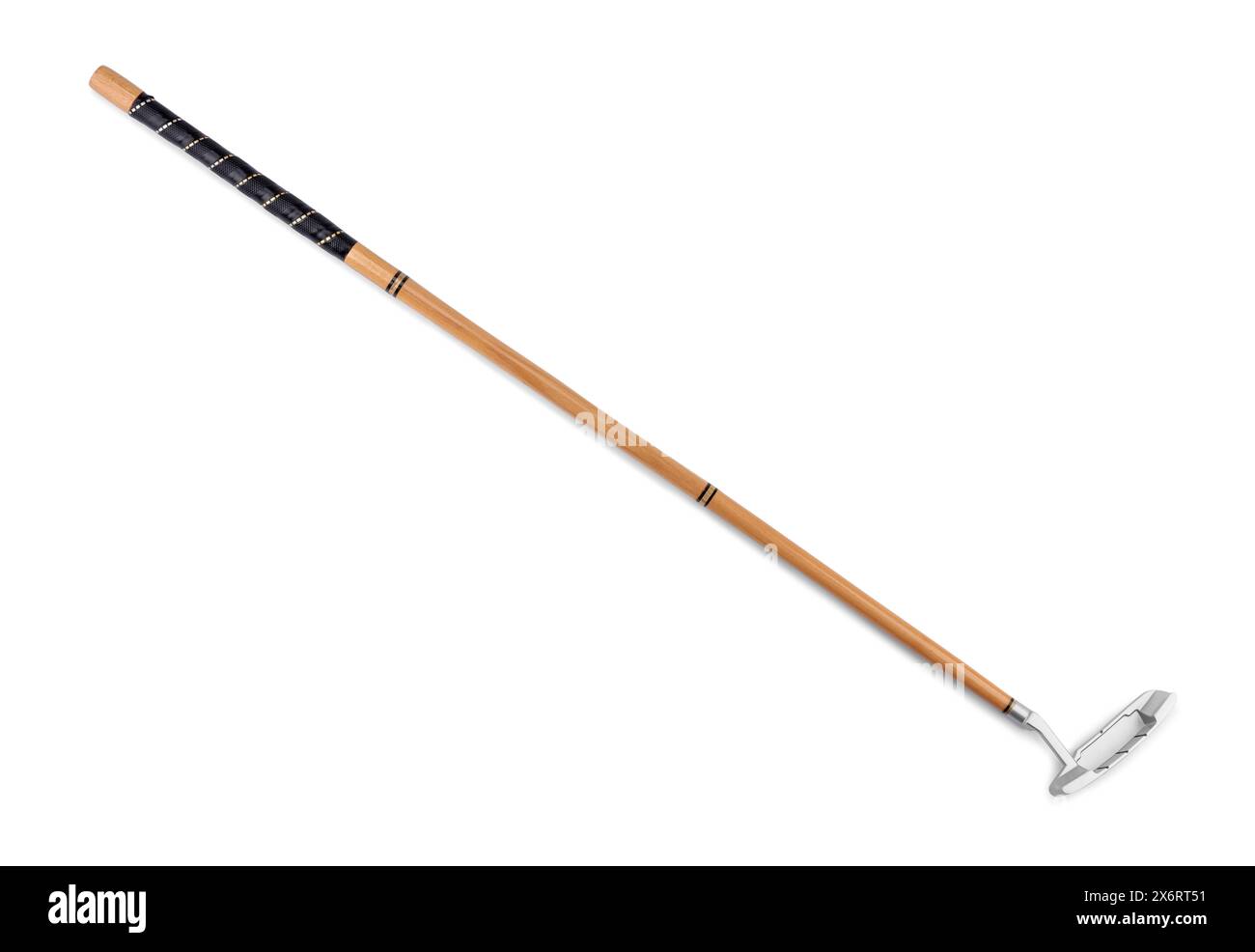 Golf club in legno isolato sul bianco, vista dall'alto. Attrezzature sportive Foto Stock