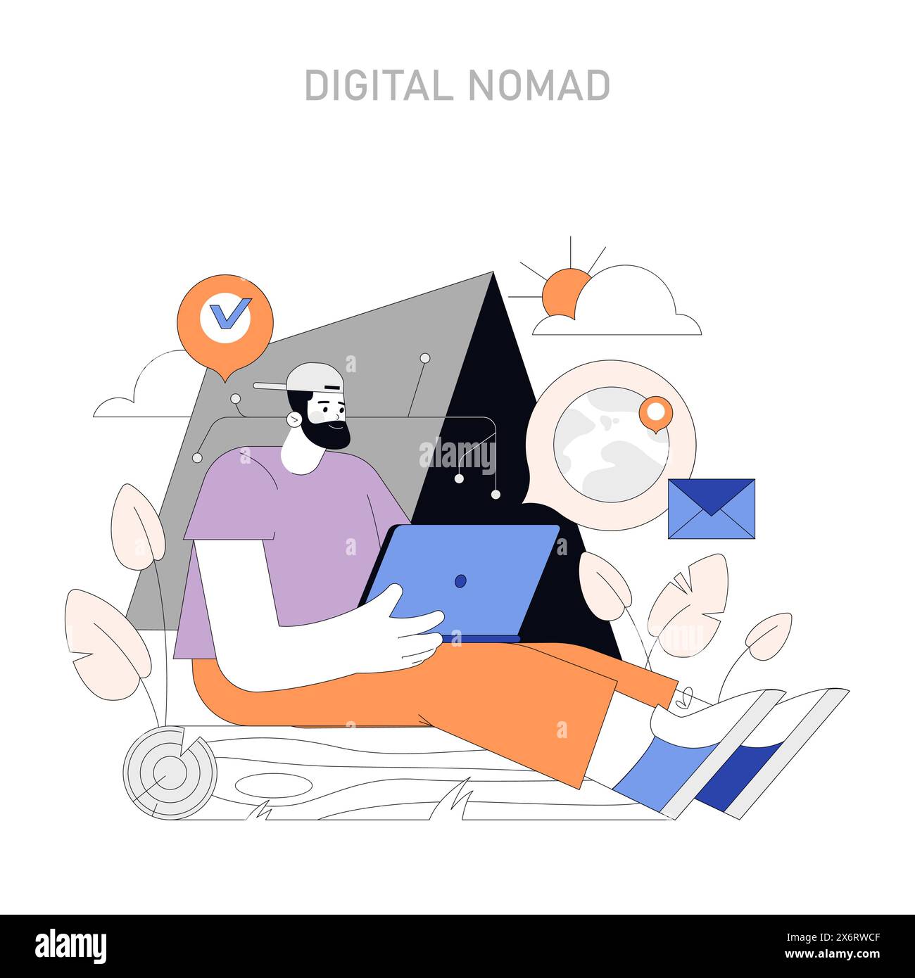 Stile di vita dei nomadi digitali. Abbracciare la libertà del lavoro remoto con un mondo come ufficio. Connettività e mobilità di lavoro senza problemi nell'era digitale. Illustrazione vettoriale. Illustrazione Vettoriale