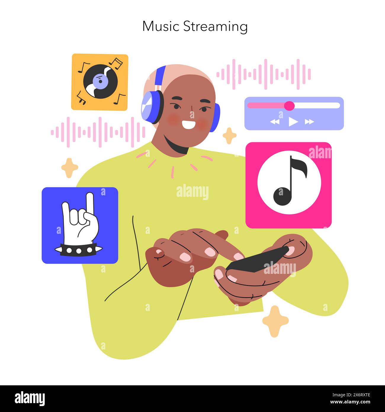 Concetto di streaming musicale Un ascoltatore allegro seleziona i brani da una libreria digitale, incarnando la facilità di accedere a diversi generi musicali con un tocco illustrazione vettoriale Illustrazione Vettoriale