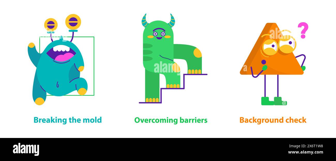 Set Monster Helpers. Metafora creativa per affrontare le sfide del business e della vita. Risoluzione proattiva dei problemi. Illustrazione vettoriale. Illustrazione Vettoriale