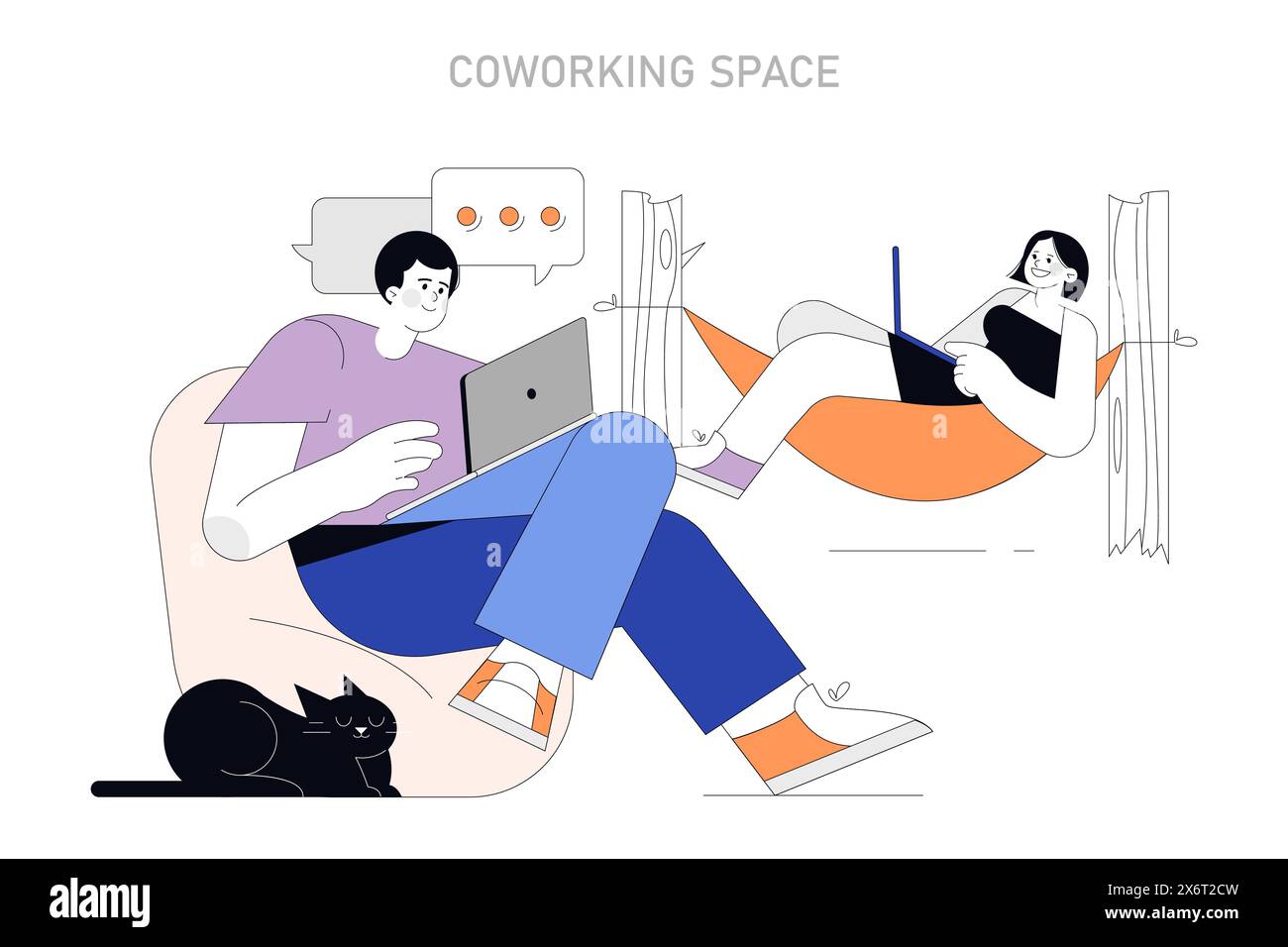 Concetto di spazio di coworking. Ambiente di lavoro remoto informale e collaborativo in cui il comfort incontra la produttività. Un'illustrazione vibrante e condivisa di un'area di lavoro virtuale. Illustrazione vettoriale. Illustrazione Vettoriale