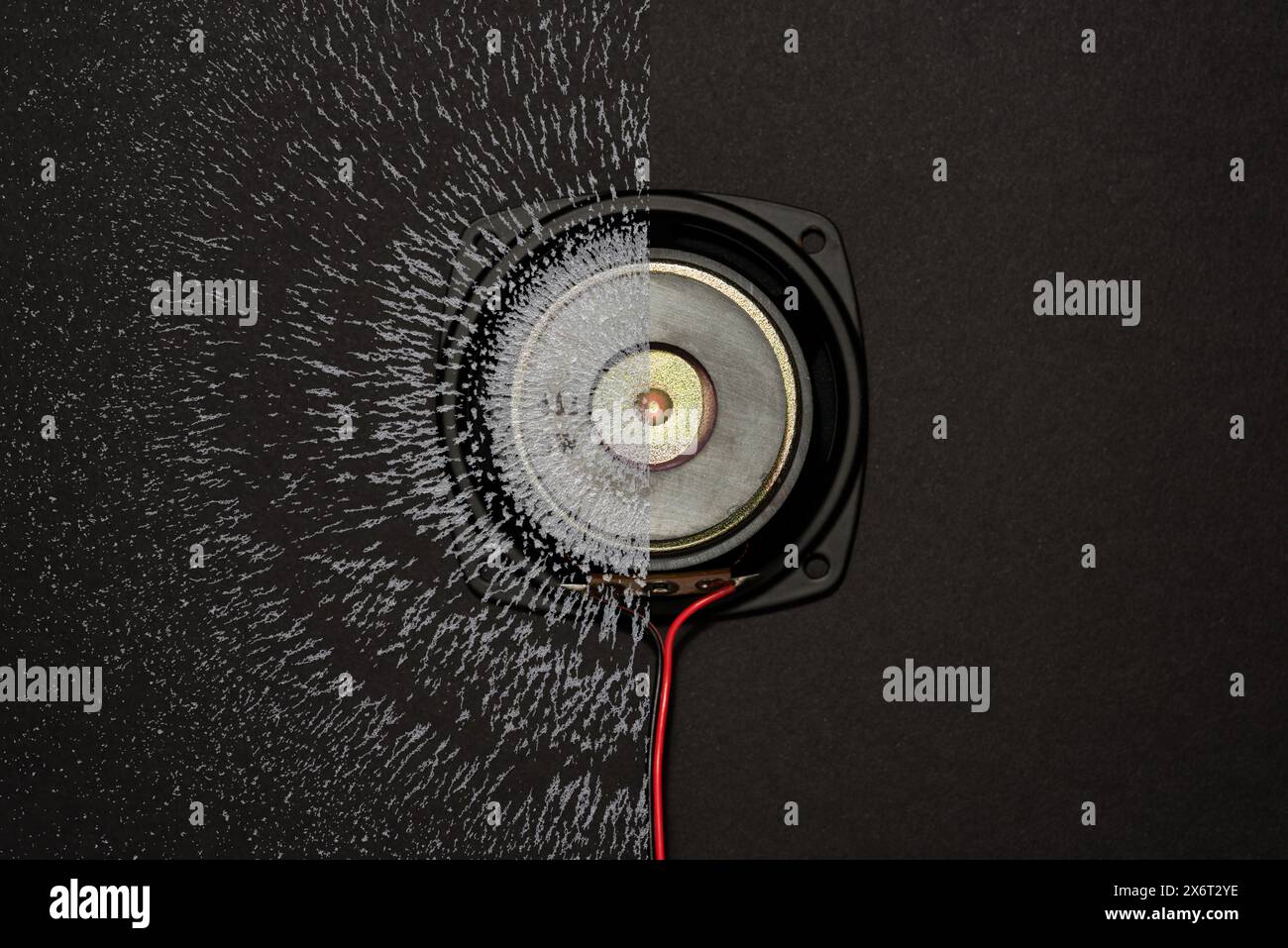 Campi magnetici intorno a un altoparlante utilizzati con l'elettricità per generare il suono dall'attrazione oscillante e dal magnetismo circolare di radiazione di repulsione Foto Stock