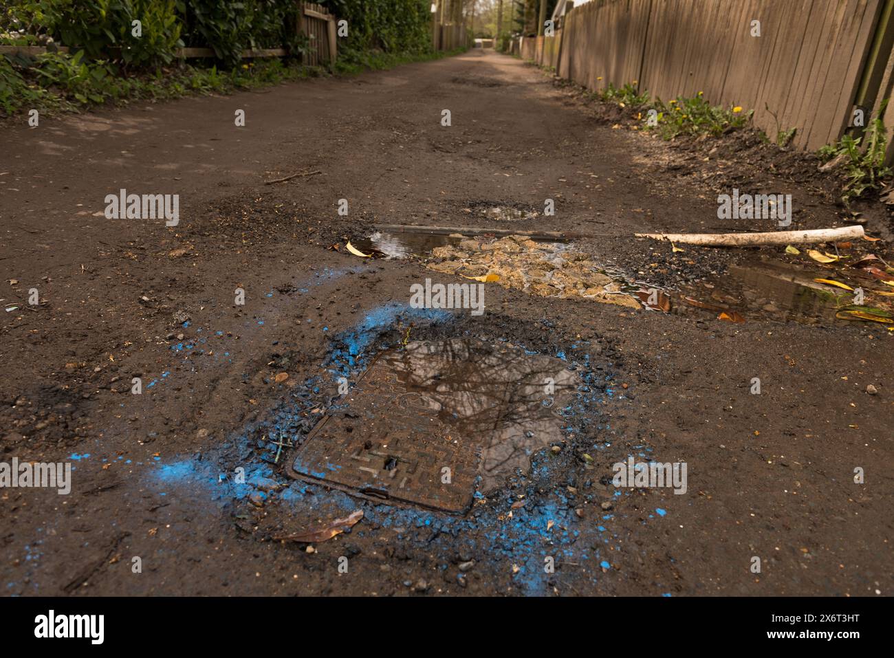 La vernice spray blu infine è stata utilizzata per identificare una perdita nell'acqua di rete solo 4 settimane dopo, distruggendo la strada non adottata Foto Stock