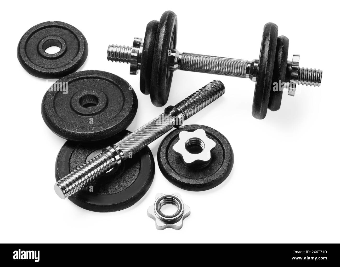 Manubrio in metallo e parti su sfondo bianco. Attrezzature sportive Foto Stock
