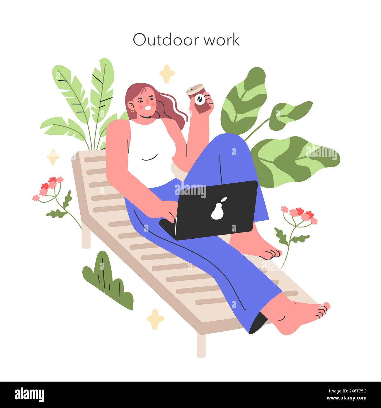Illustrazione di lavoro all'aperto Un freelance gode della libertà di lavorare in remoto in un tranquillo giardino, incarnando uno stile di vita rilassato ma produttivo illustrazione vettoriale Illustrazione Vettoriale