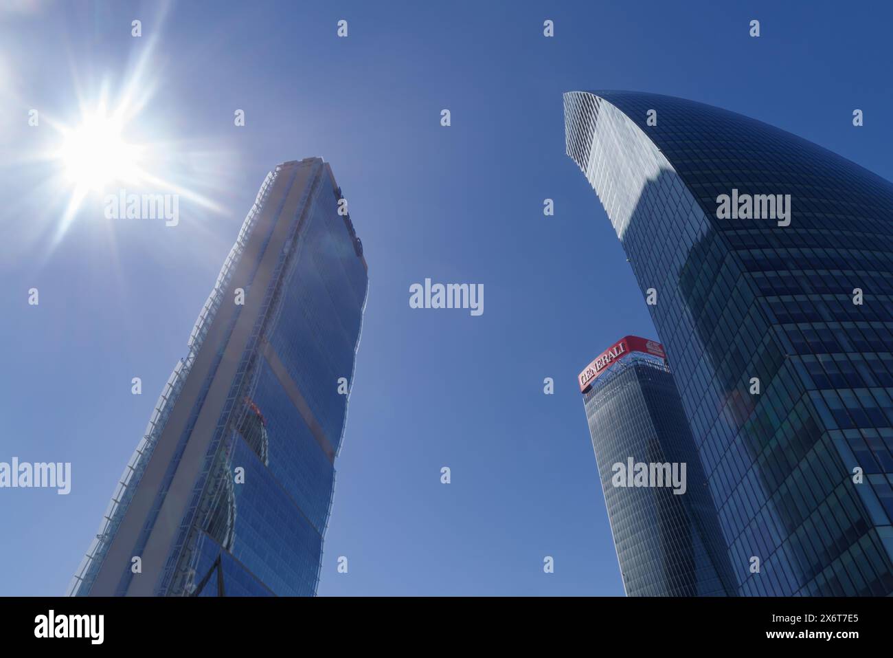 Grattacieli generali Tower, Libeskind Tower e Allianz Tower nel quartiere residenziale, commerciale e finanziario di CityLife a Milano Foto Stock