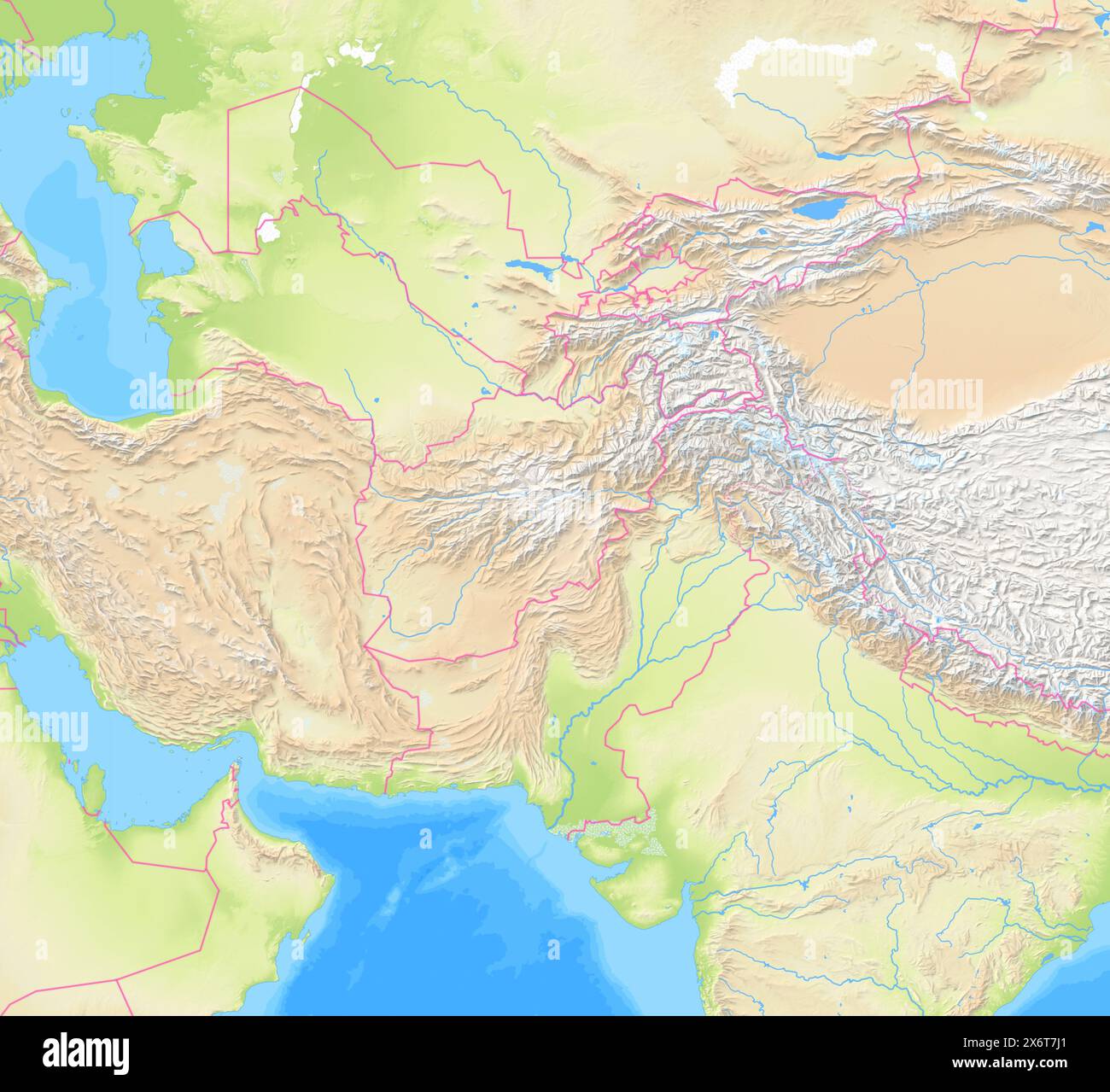 Mappa dell'Afghanistan e dei paesi circostanti che mostra la regione con rappresentazioni di rilievo, fiumi, laghi e confini amministrativi. Nessuna etichetta. Foto Stock