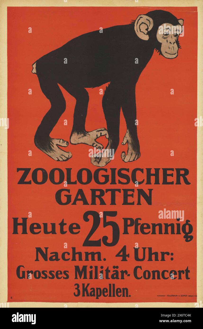 Poster d'epoca per lo zoo di Berlino, Zoologischer Garten annuncia un grande concerto militare . Con uno scimpanzé giovanile, di Karl Schnebel intorno al 1903 Foto Stock