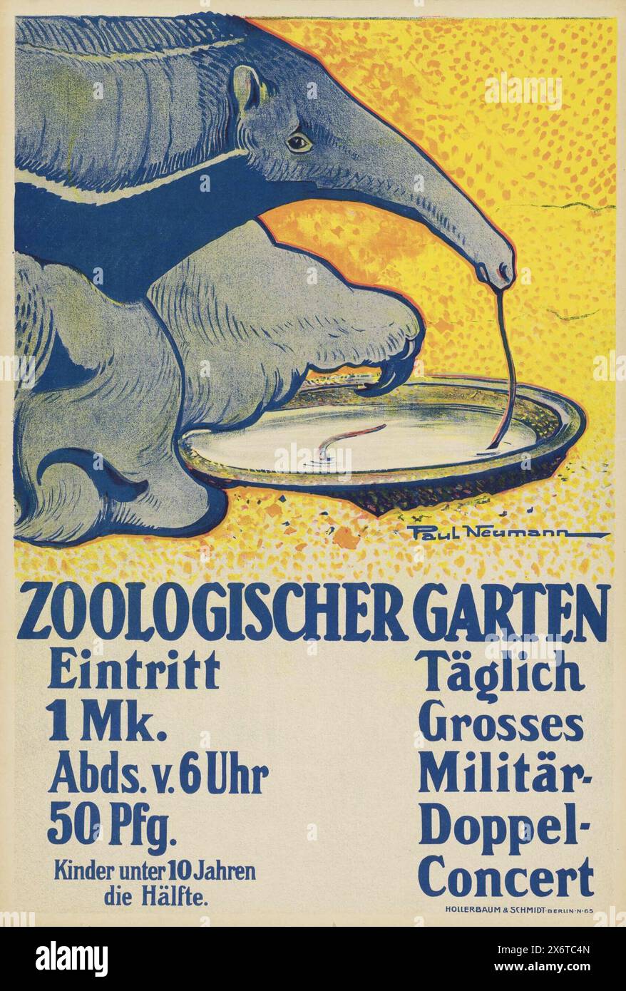 Poster d'epoca per lo zoo di Berlino, Zoologischer Garten annuncia un grande concerto militare . Con un formichiere, di Paul Neumann intorno al 1910 Foto Stock