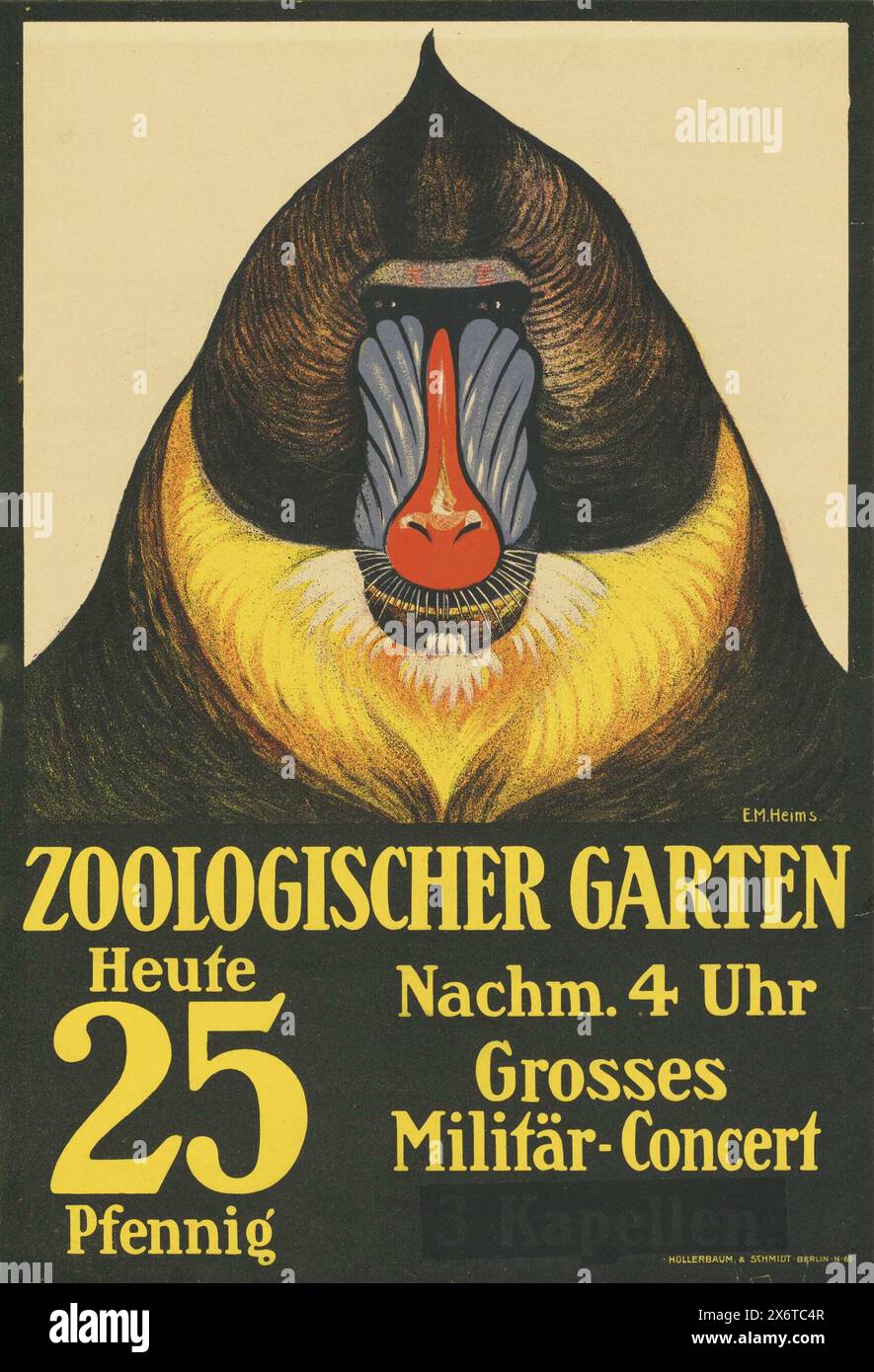 Poster d'epoca per lo zoo di Berlino, Zoologischer Garten, che annuncia un grande concerto militare . Con mandrill , di Ernst M. Heims , circa anni '1905 Foto Stock