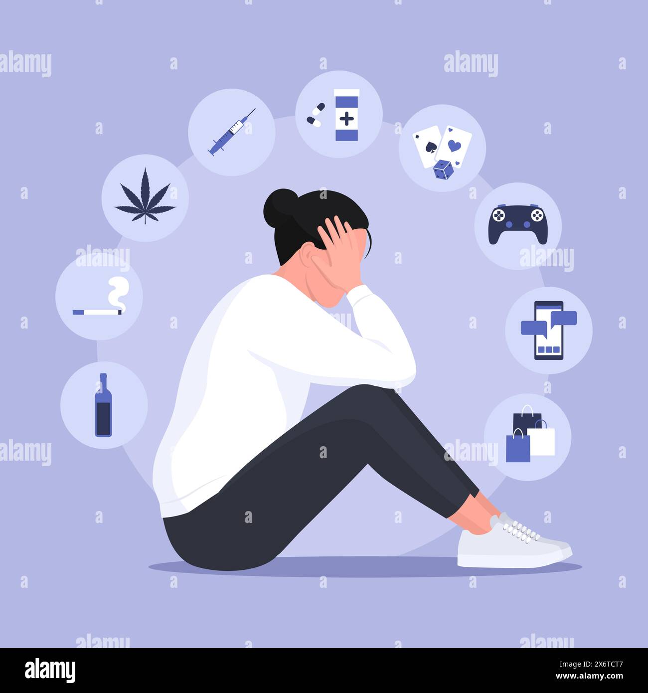 Tipi di dipendenza infografica con icone e donna depressa: Concetto di disturbi mentali Illustrazione Vettoriale