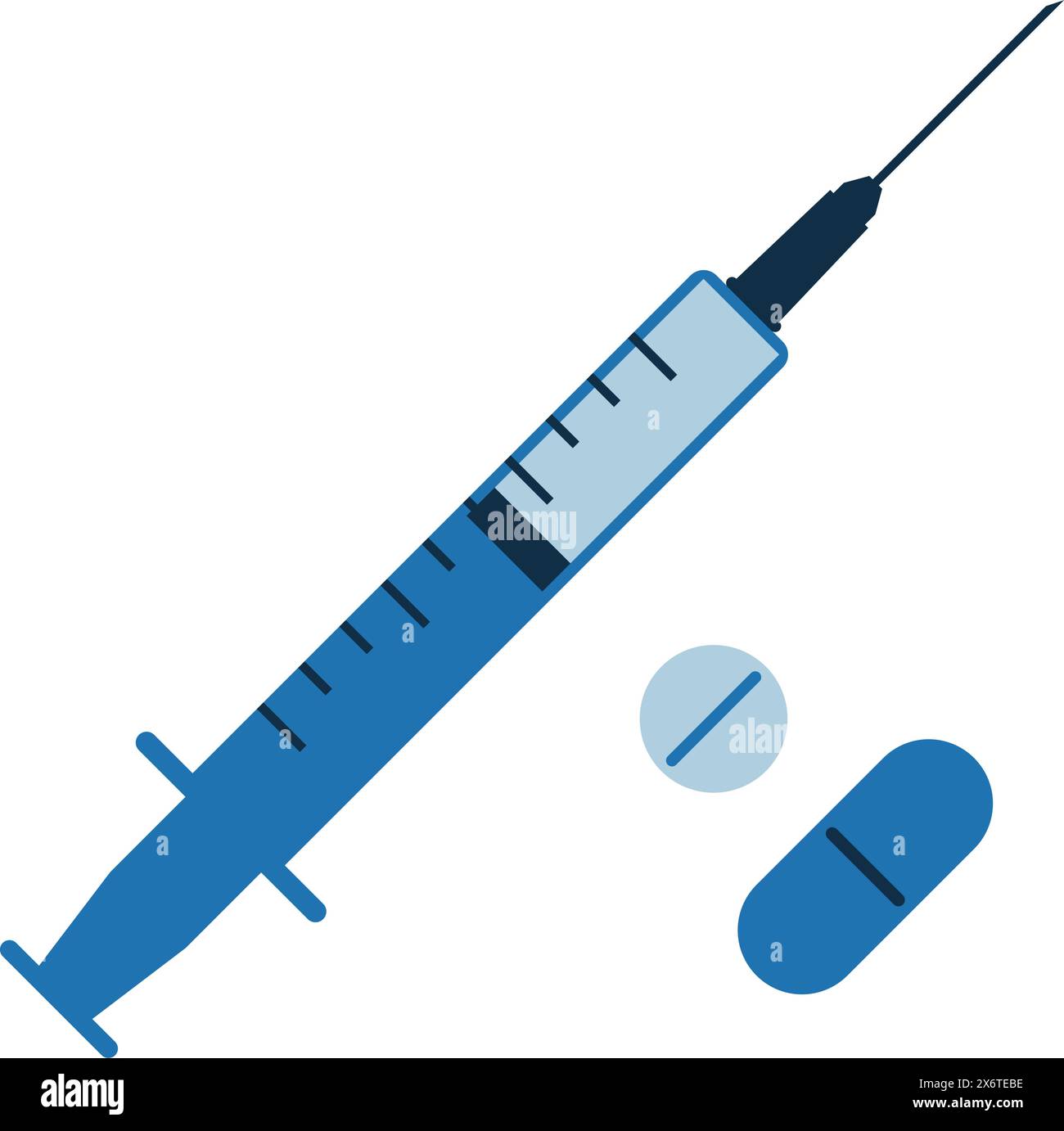 Siringa medica e pillole, farmacia e l'icona della sanità Illustrazione Vettoriale