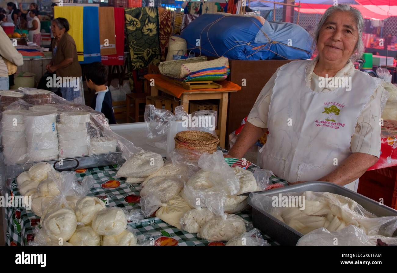 Tlacolula; Oaxaca; Messico. Mercato di Tlacolula. Donna che vende formaggio a corde di Oaxacan in sacchetti di plastica. Foto Stock
