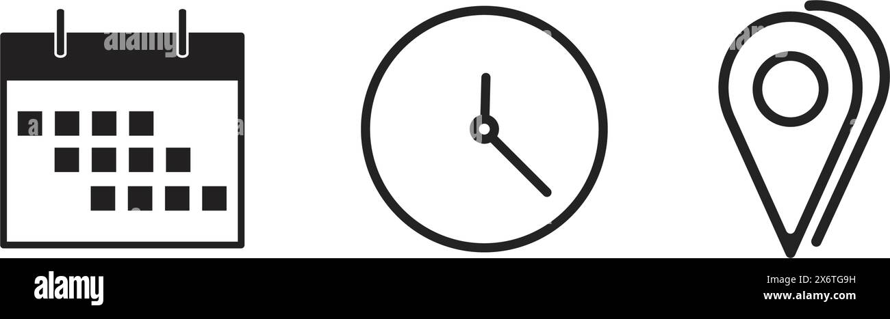 Illustrazione vettoriale di un calendario con orologio e posizione. Set di icone di data, ora e indirizzo Illustrazione Vettoriale