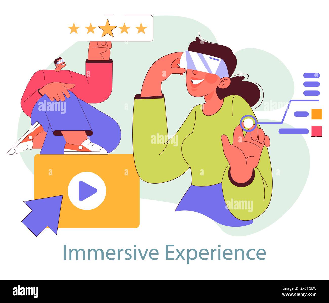 Concetto di marketing immersivo. Un utente di realtà virtuale che interagisce con un'interfaccia digitale, esprimendo soddisfazione attraverso una recensione a cinque stelle. Illustrazione vettoriale. Illustrazione Vettoriale