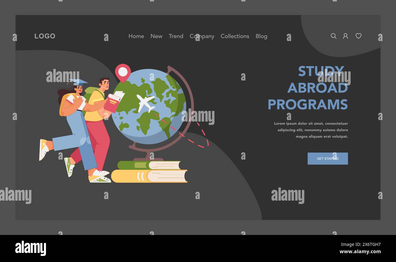 Avventura di apprendimento globale. Studenti internazionali desiderosi con mappa del globo e aereo volante, simboleggiano le entusiasmanti opportunità di studiare all'estero. Possibilità di istruzione. Vettore piatto Illustrazione Vettoriale