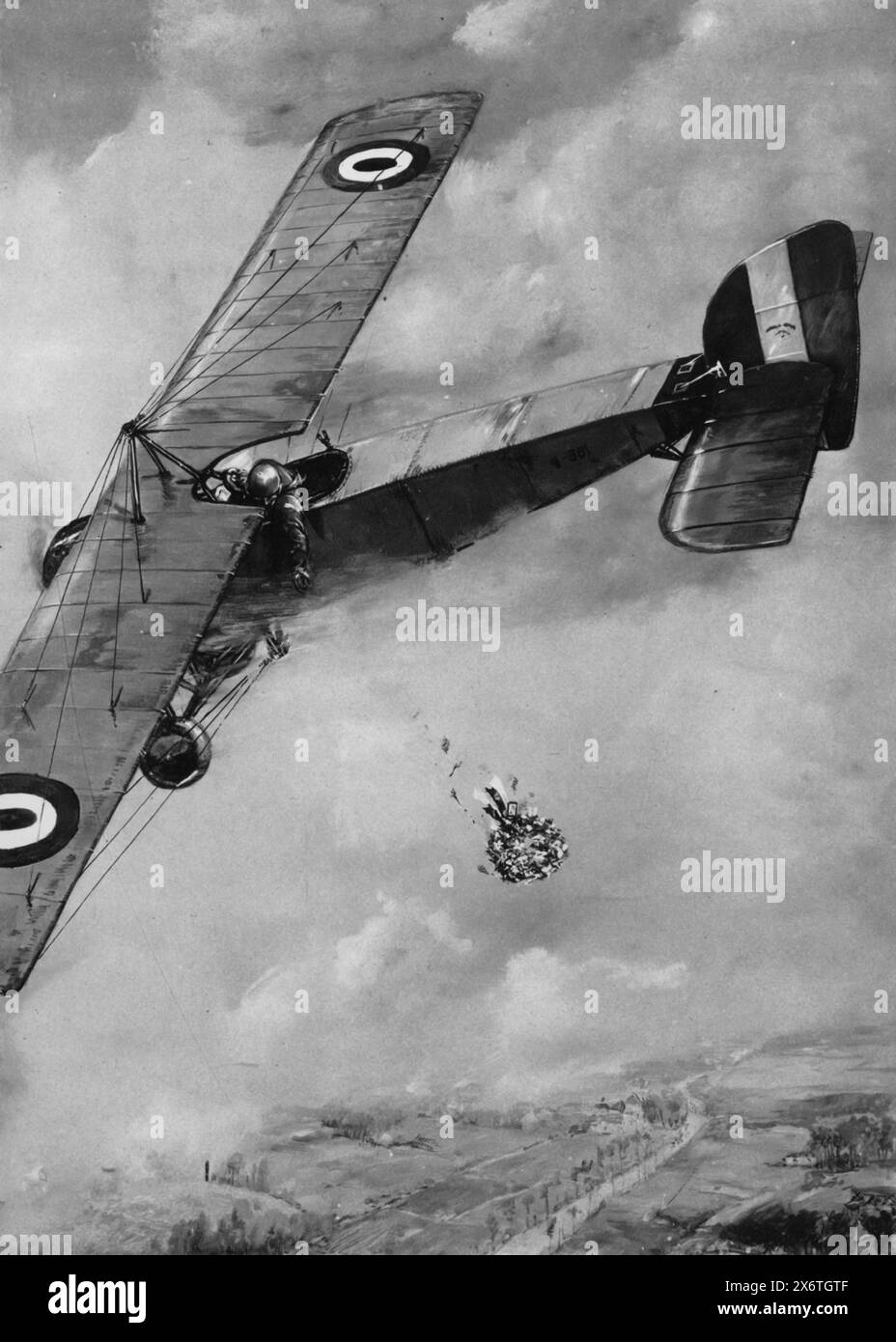 Un'illustrazione raffigura una scena in cui un aviatore britannico della R.A.F. (Royal Air Force) viene mostrato mentre getta una corona dal suo aereo sulla tomba di un compagno dietro le linee tedesche durante la prima guerra mondiale. questo toccante atto d'onore e di memoria mette in luce i legami profondi di cameratismo tra i soldati e il coraggio del aviere, che ha rischiato il fuoco nemico per rendere omaggio al suo compagno caduto. Foto Stock